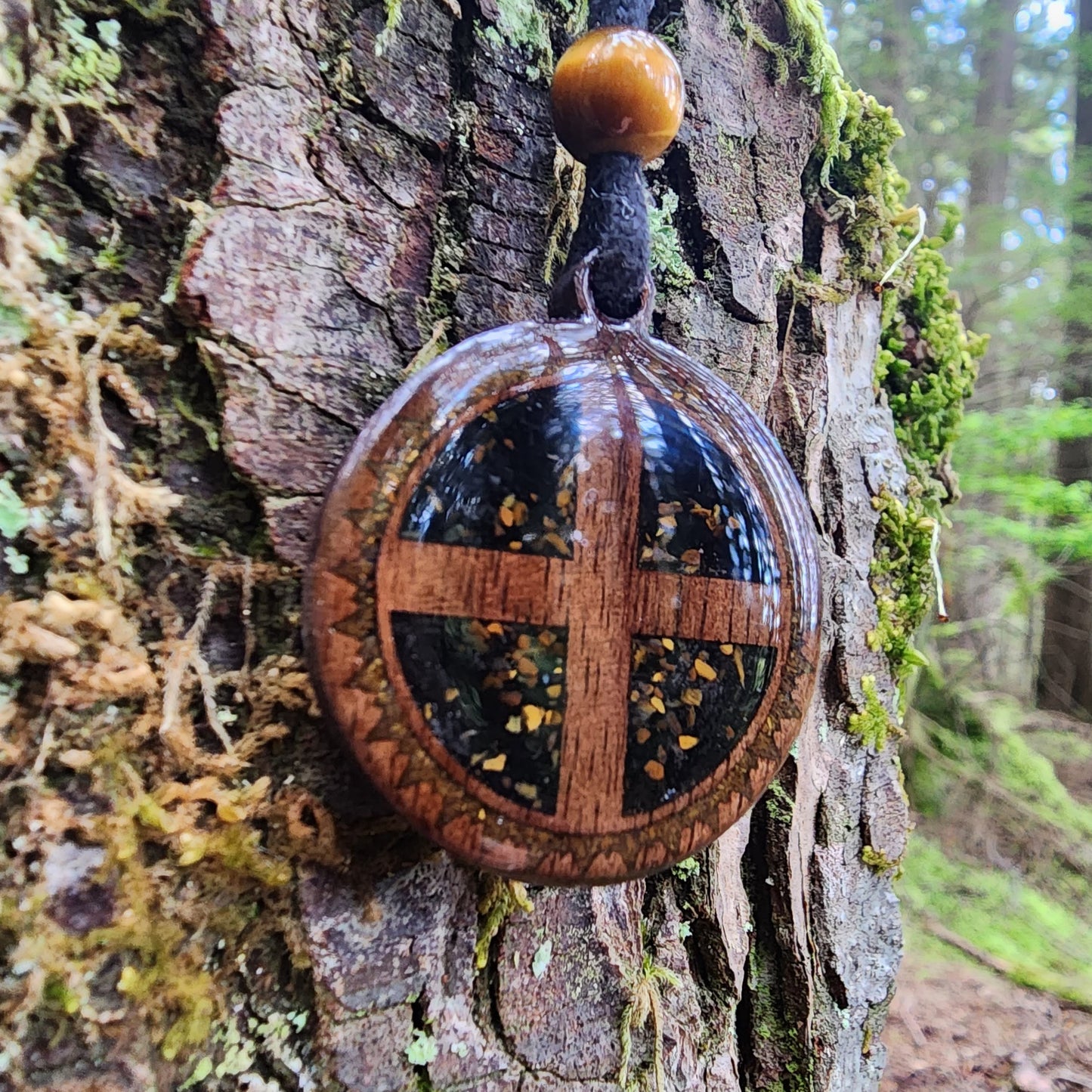 Solar Cross with Black Tourmaline - Tigers Eye - Wood Pendant - Necklace