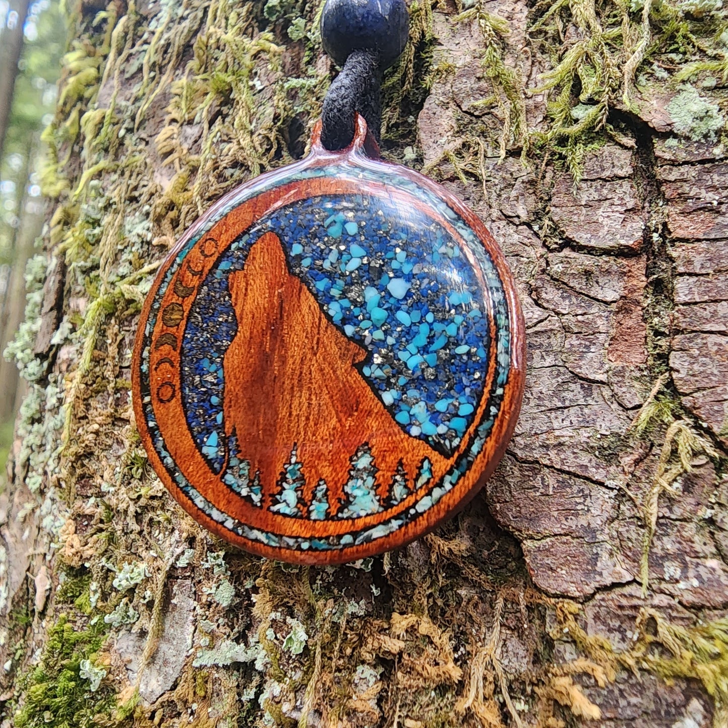 Chrysocolla - Turquoise - Lapis Lazuli - Wolf Totem - Wood Pendant - Necklace