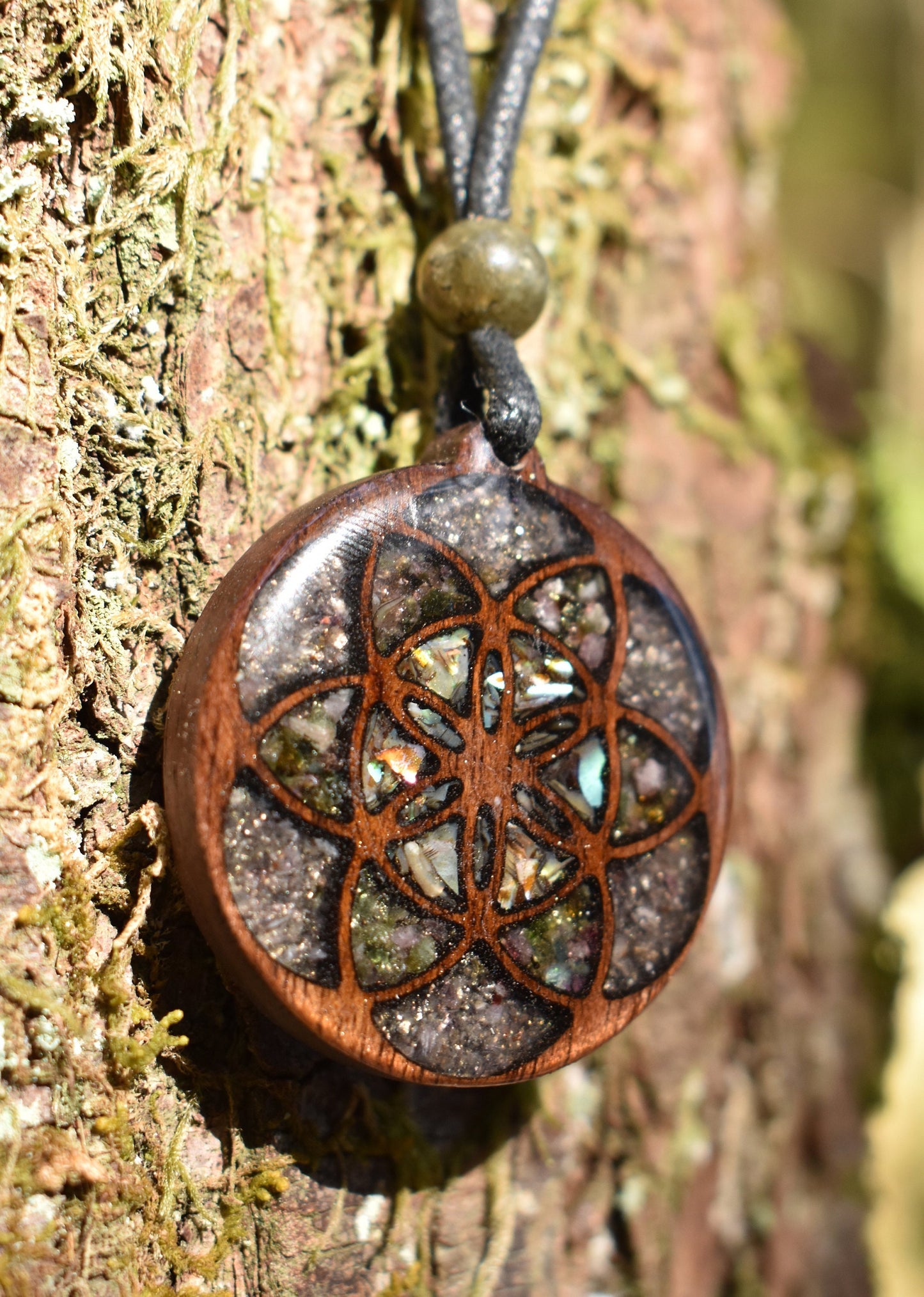 Seed of Life Pendant - Necklace with Abalone - Rainbow Tourmaline - Amethyst Wood Pendant