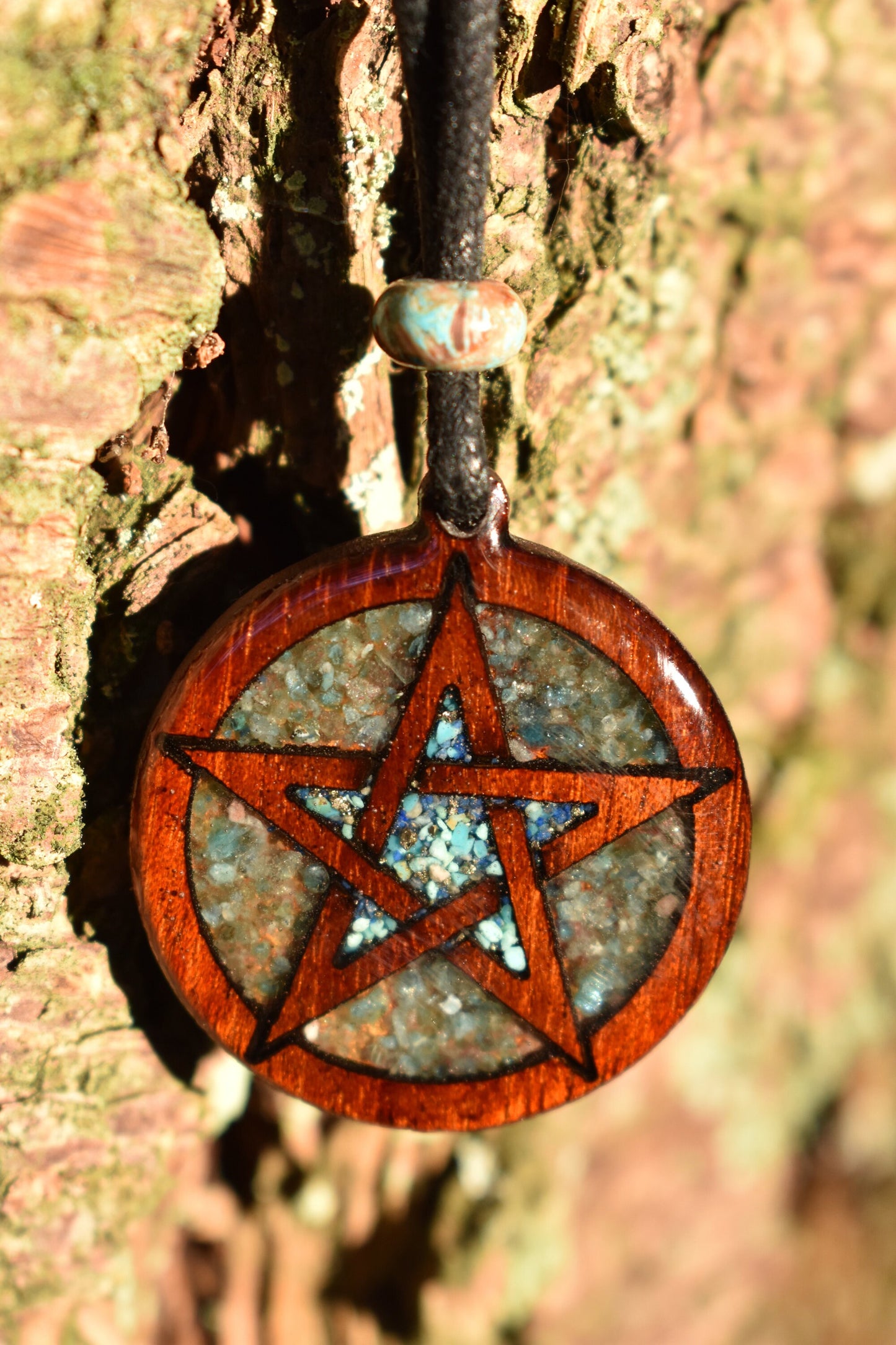 Turquoise & Blue Apatite Pentagram Wood Pendant - Necklace