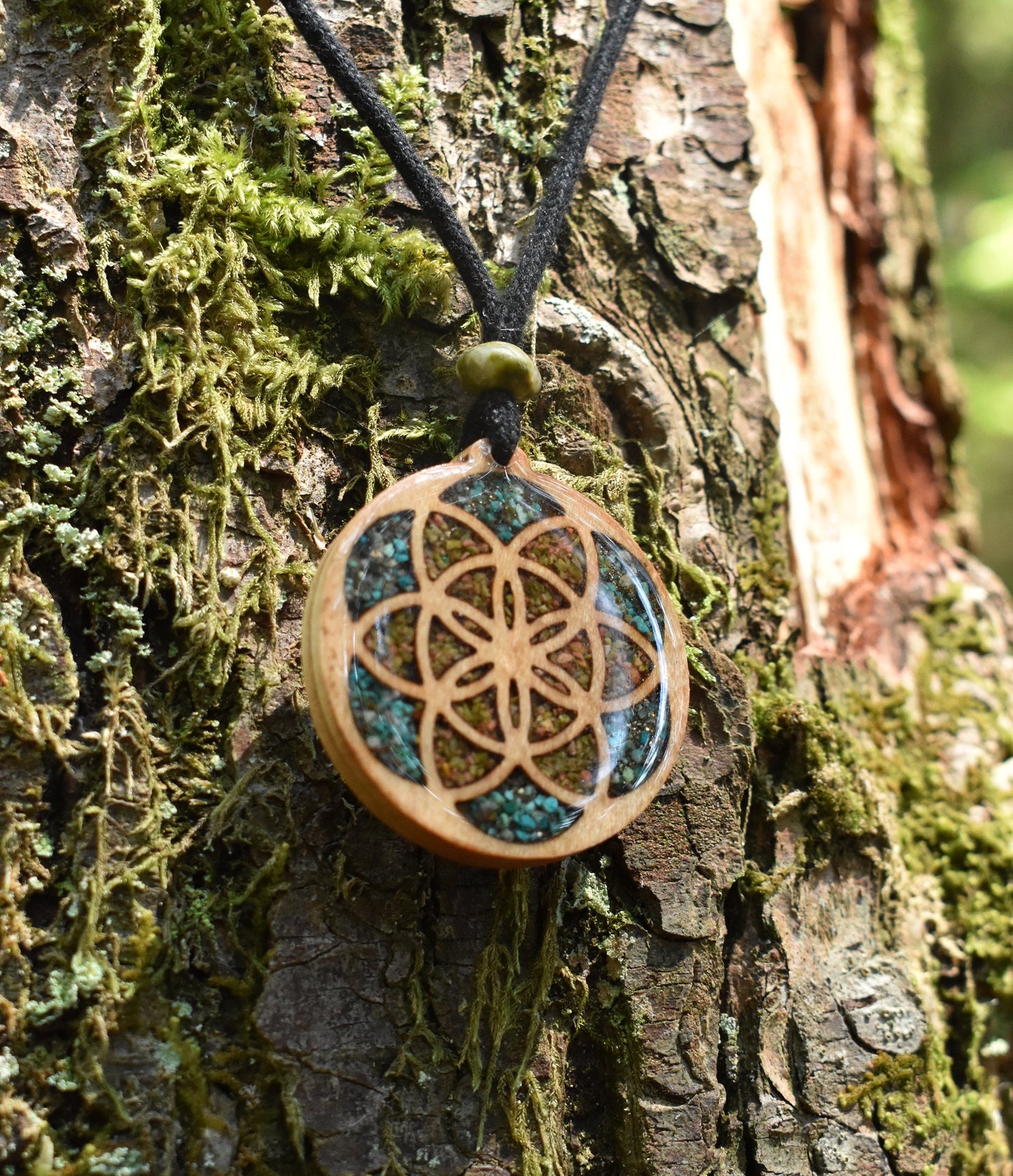 Seed of Life Pendant - Necklace with Chrysocolla & Unakite