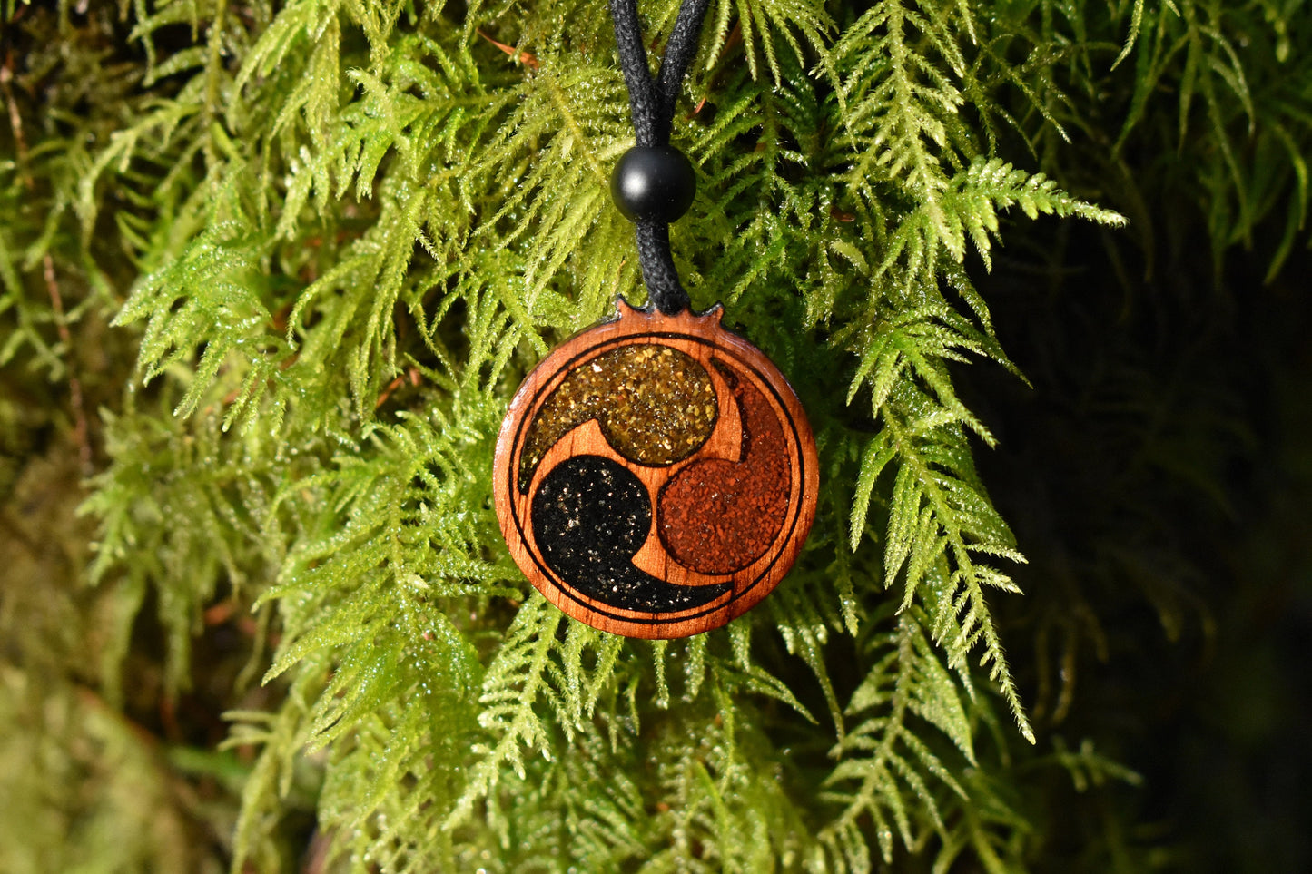 Mitsudomoe Wood Pendant - Necklace with Tigers Eye - Pyrite - Black Tourmaline - Jasper
