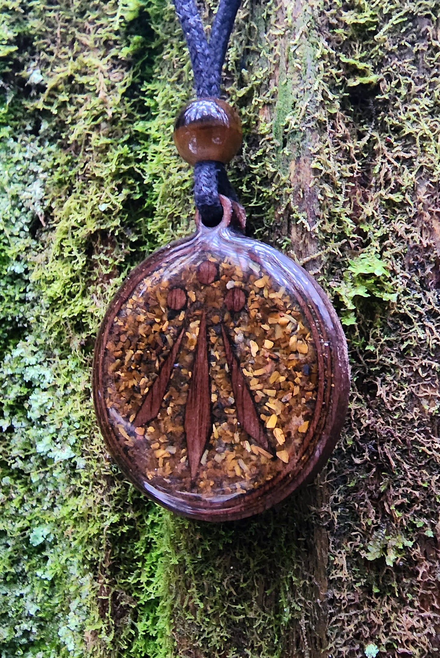 Tigers Eye - Awen Symbol - Wood Pendant - Necklace