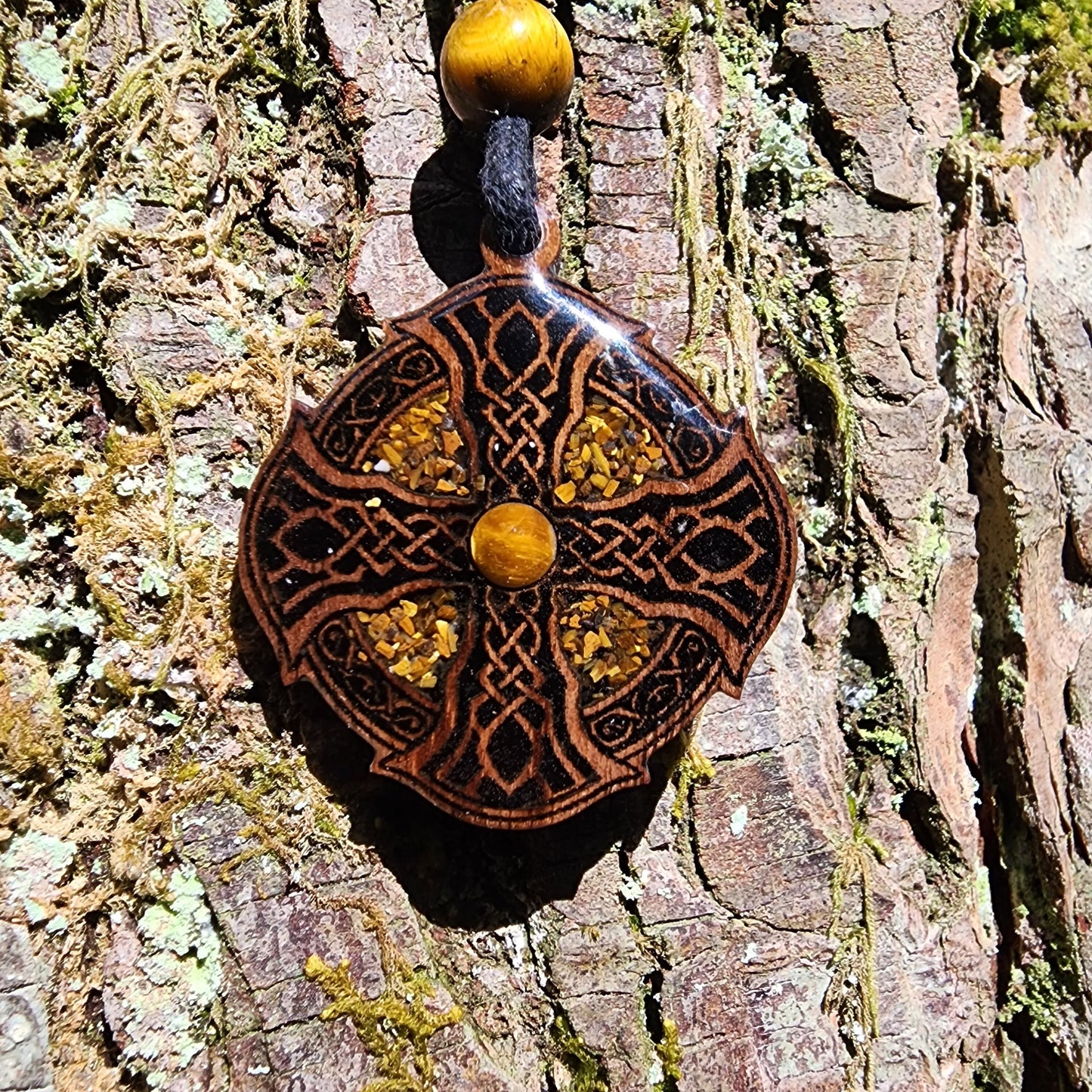 Druid Cross with Black Tourmaline - Tigers Eye - Wood Pendant - Necklace