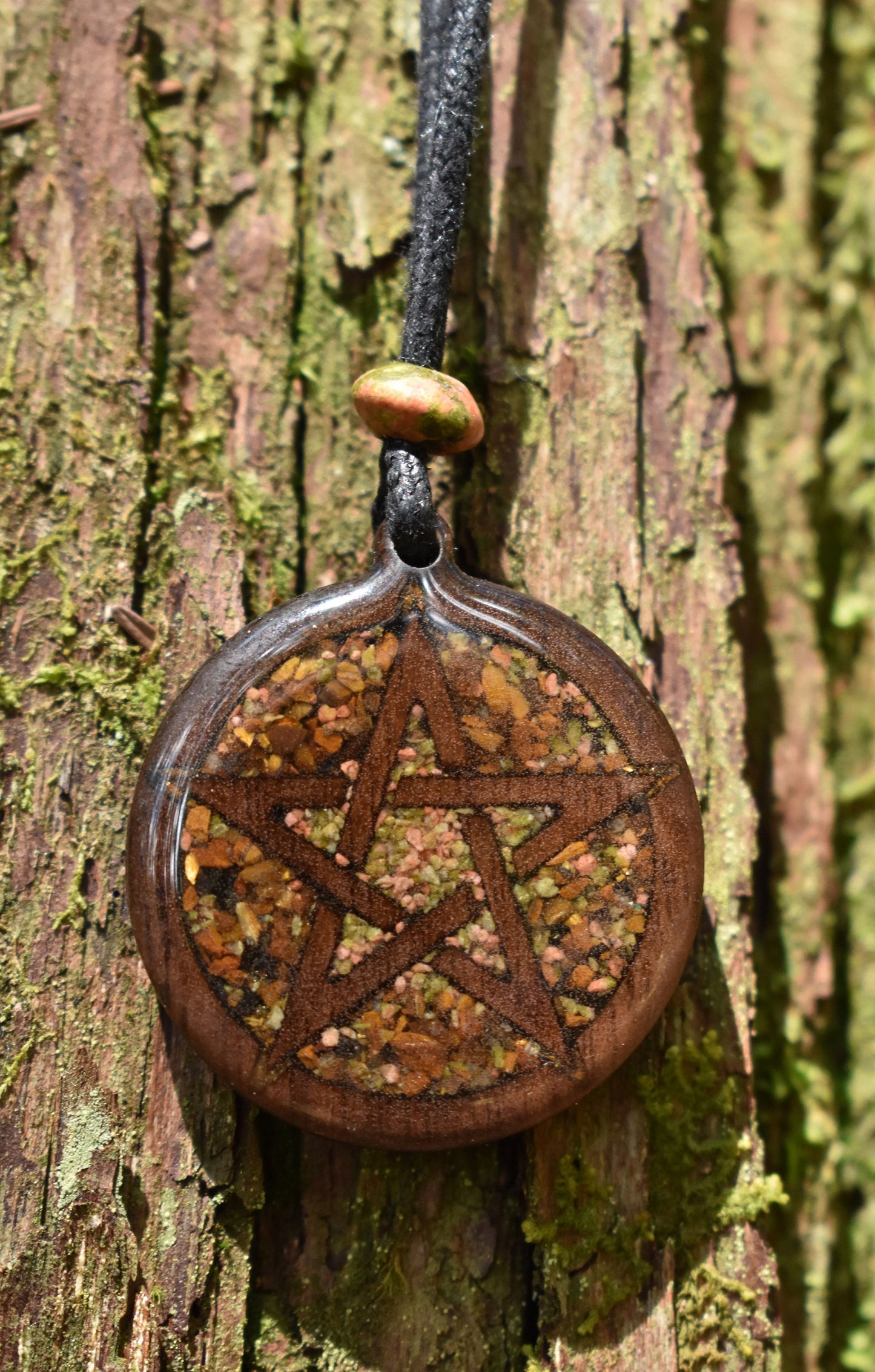 Unakite & Tigers Eye Pentagram Wood Pendant - Necklace