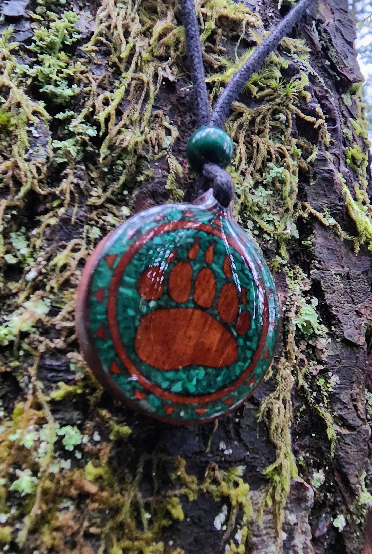 Malachite - Bear Totem - Paw - Wood Pendant - Necklace