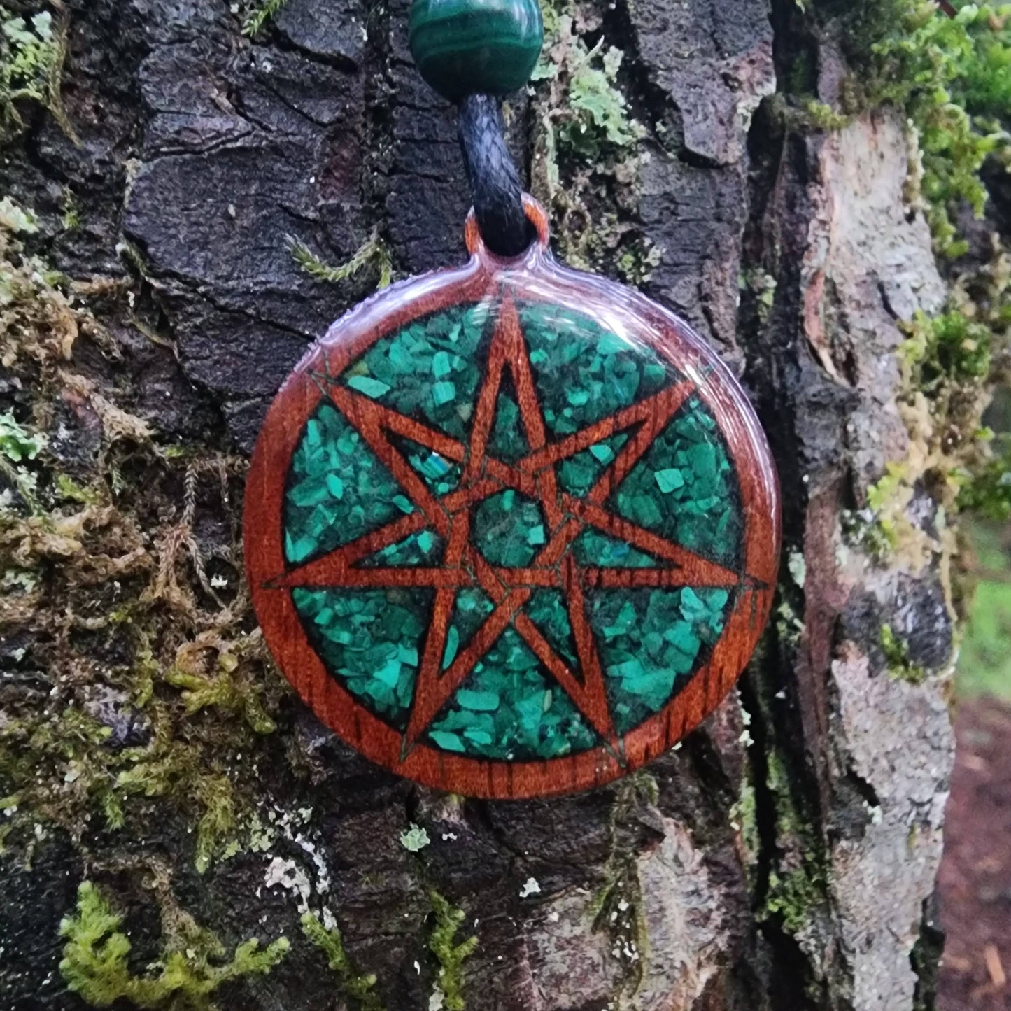 Faery Star - Malachite - Wood Pendant - Necklace