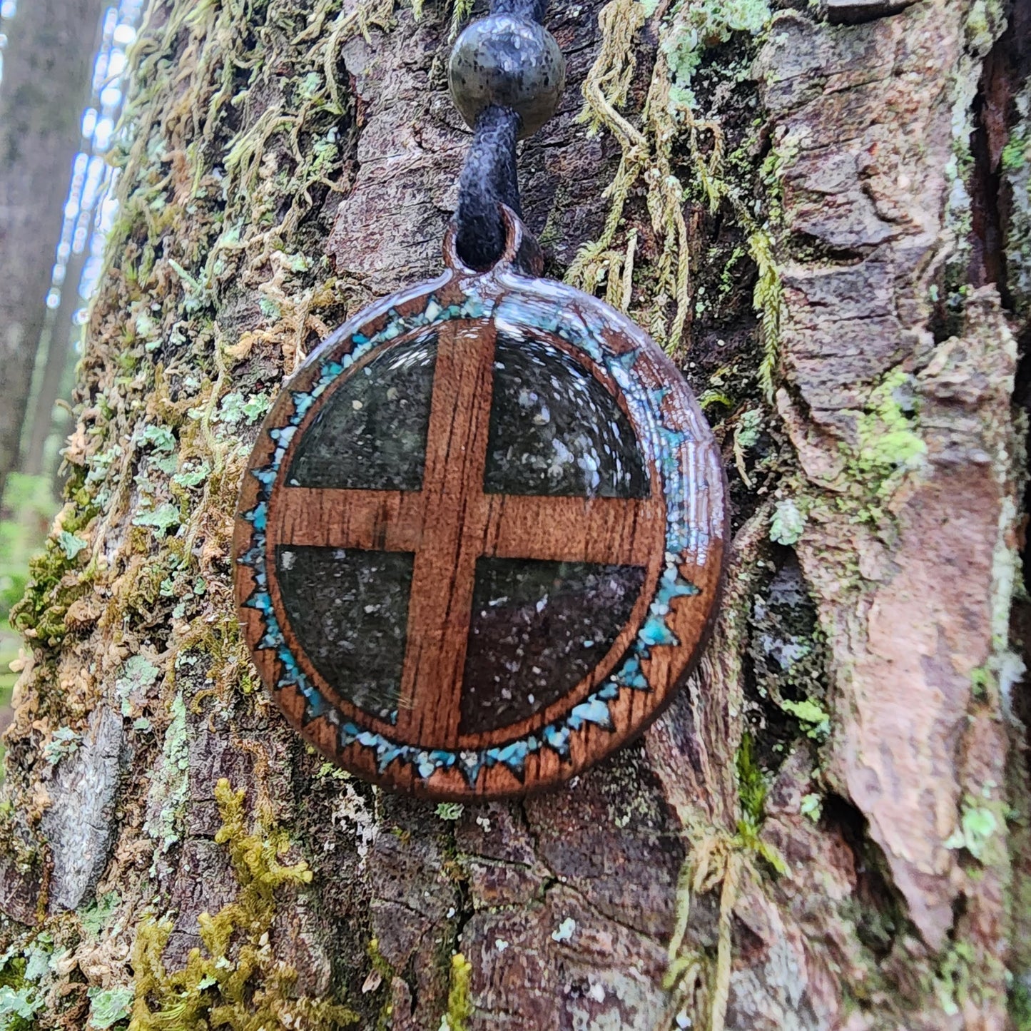 Solar Cross with Peridot - Chrysocolla - Wood Pendant - Necklace