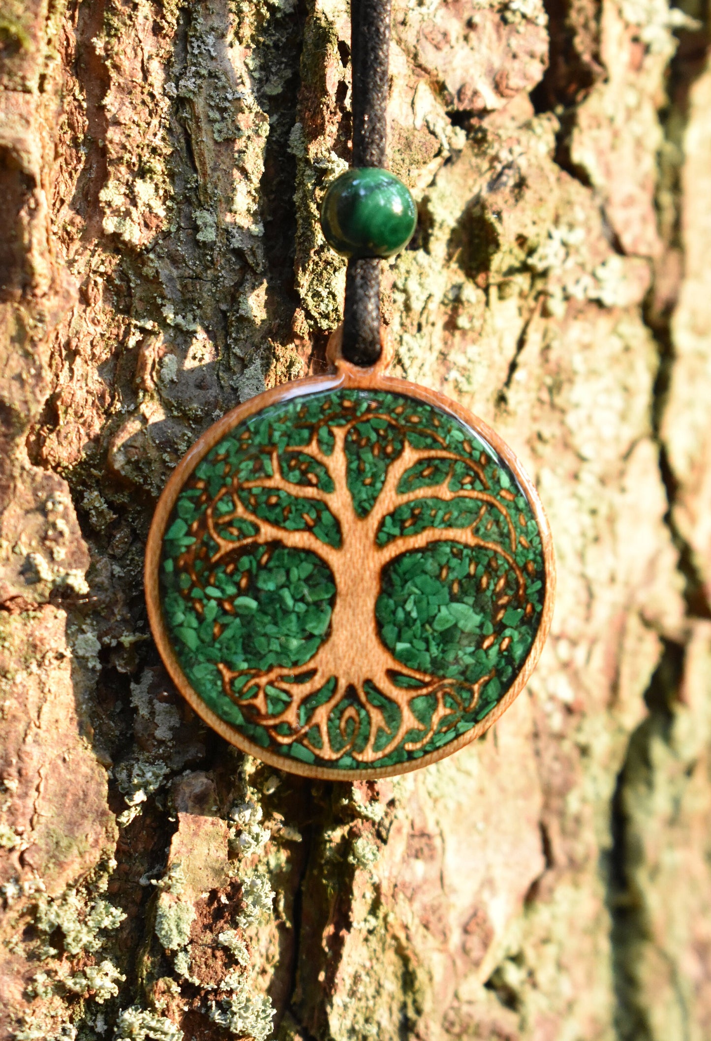 Malachite Tree of Life Wood Pendant - Necklace - Version 2 - Maple