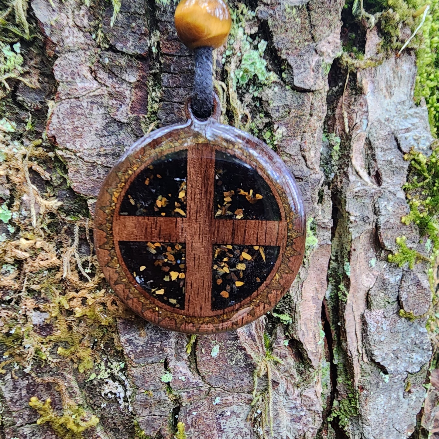 Solar Cross with Black Tourmaline - Tigers Eye - Wood Pendant - Necklace