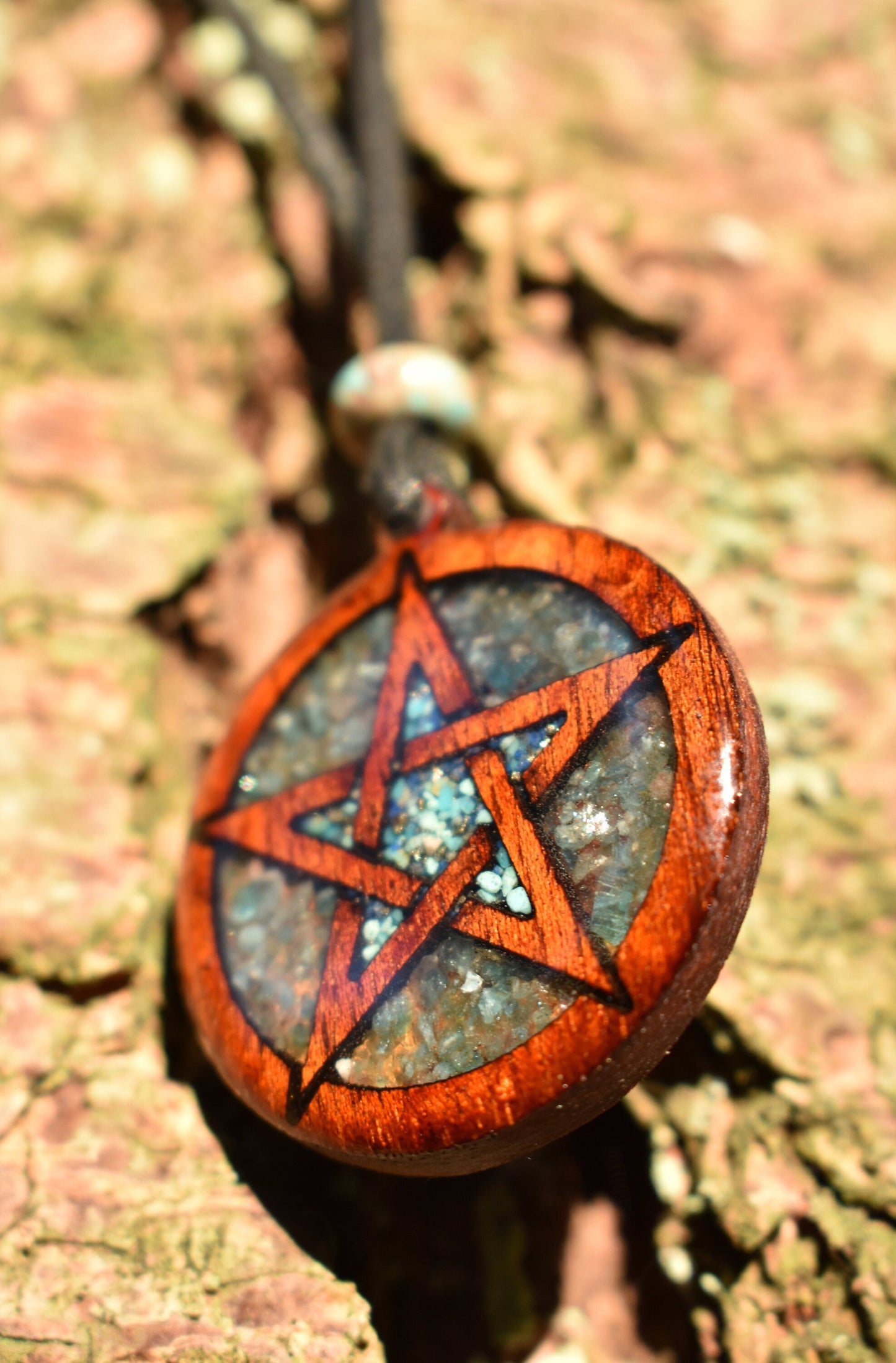Turquoise & Blue Apatite Pentagram Wood Pendant - Necklace