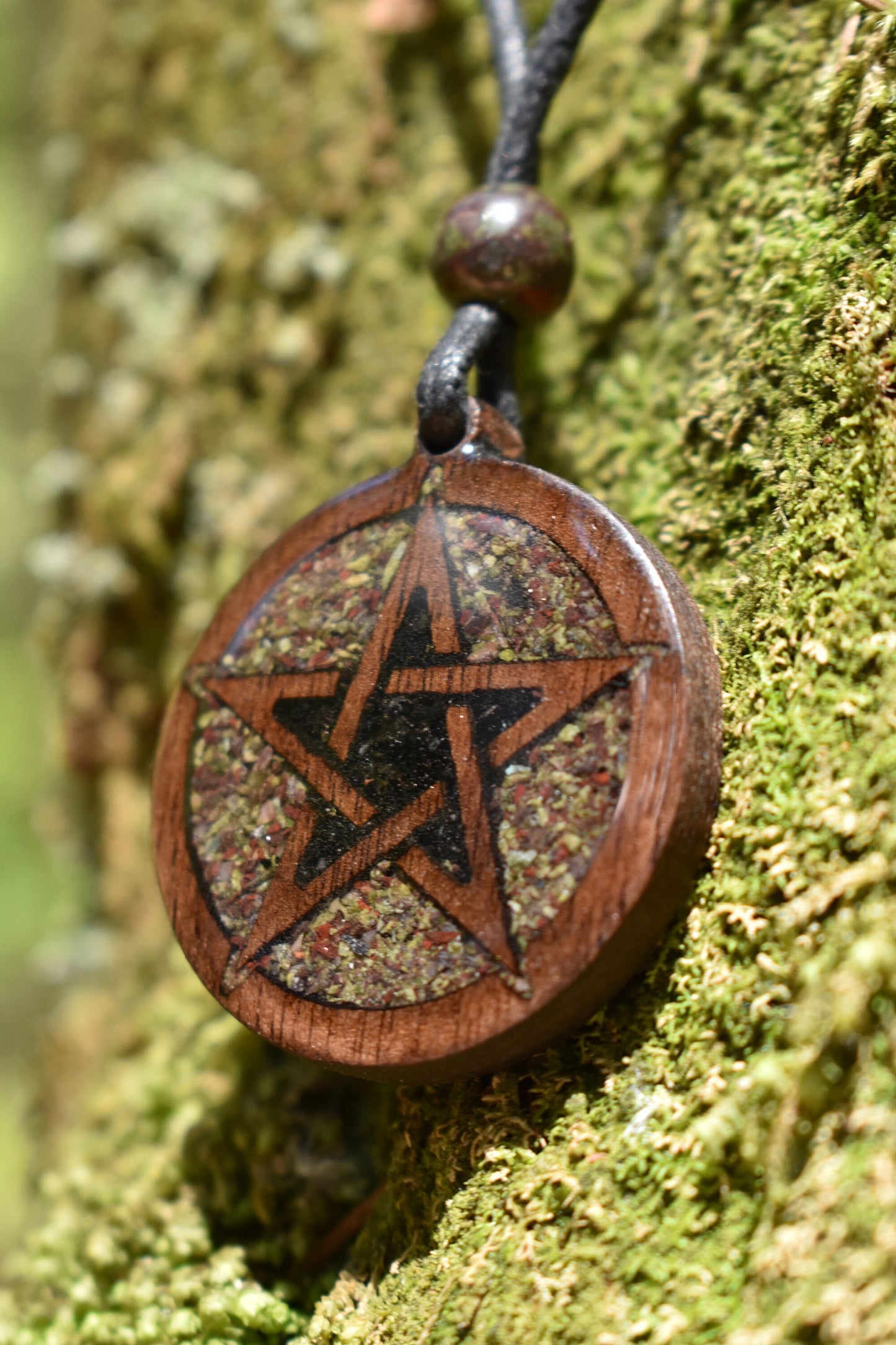 Black Tourmaline & Dragons Blood Jasper - Pentagram Wood Pendant - Necklace