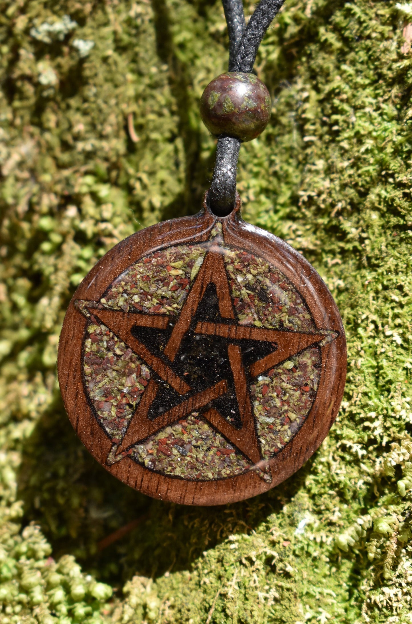 Black Tourmaline & Dragons Blood Jasper - Pentagram Wood Pendant - Necklace