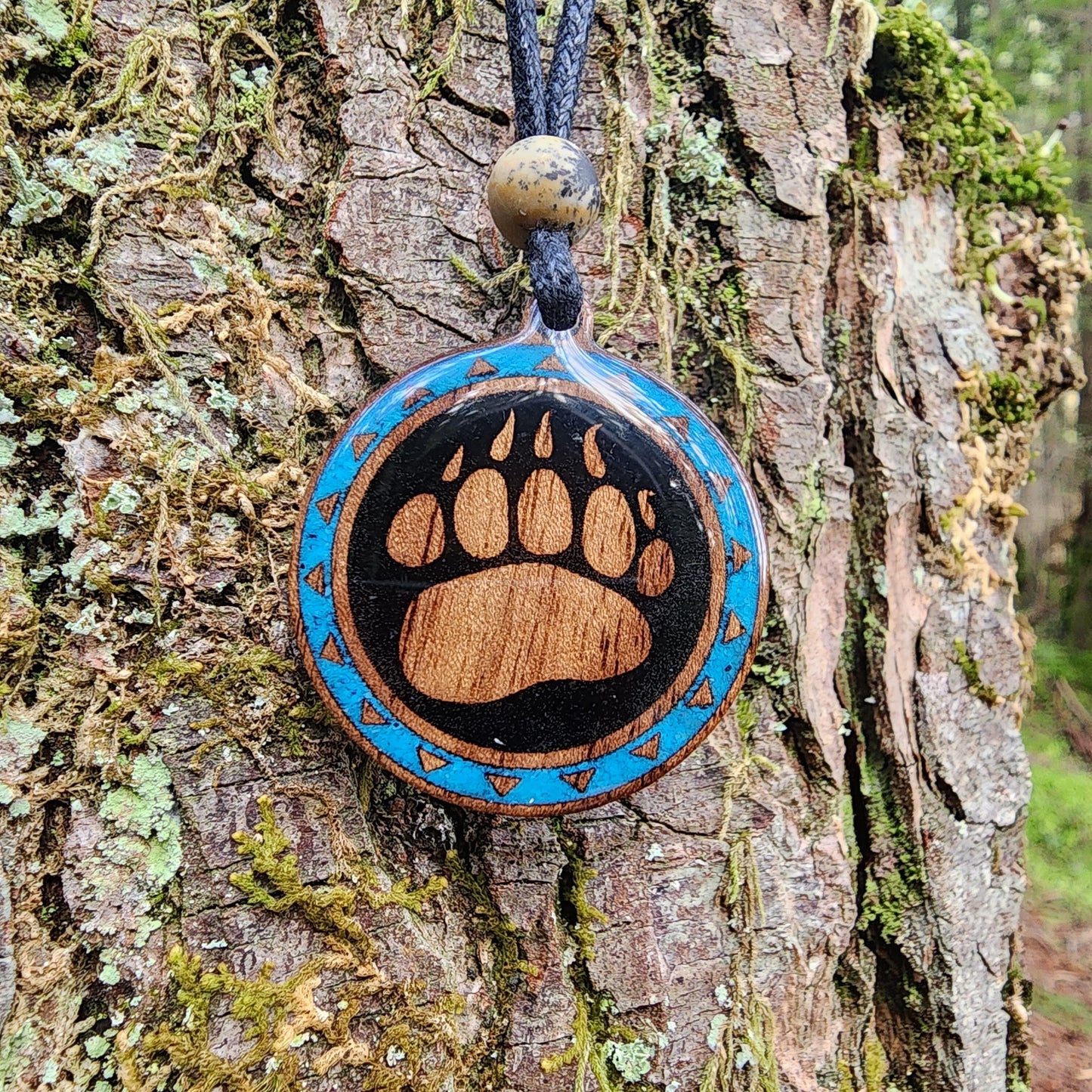 Black Tourmaline - Turquoise - Bear Totem - Paw - Wood Pendant - Necklace