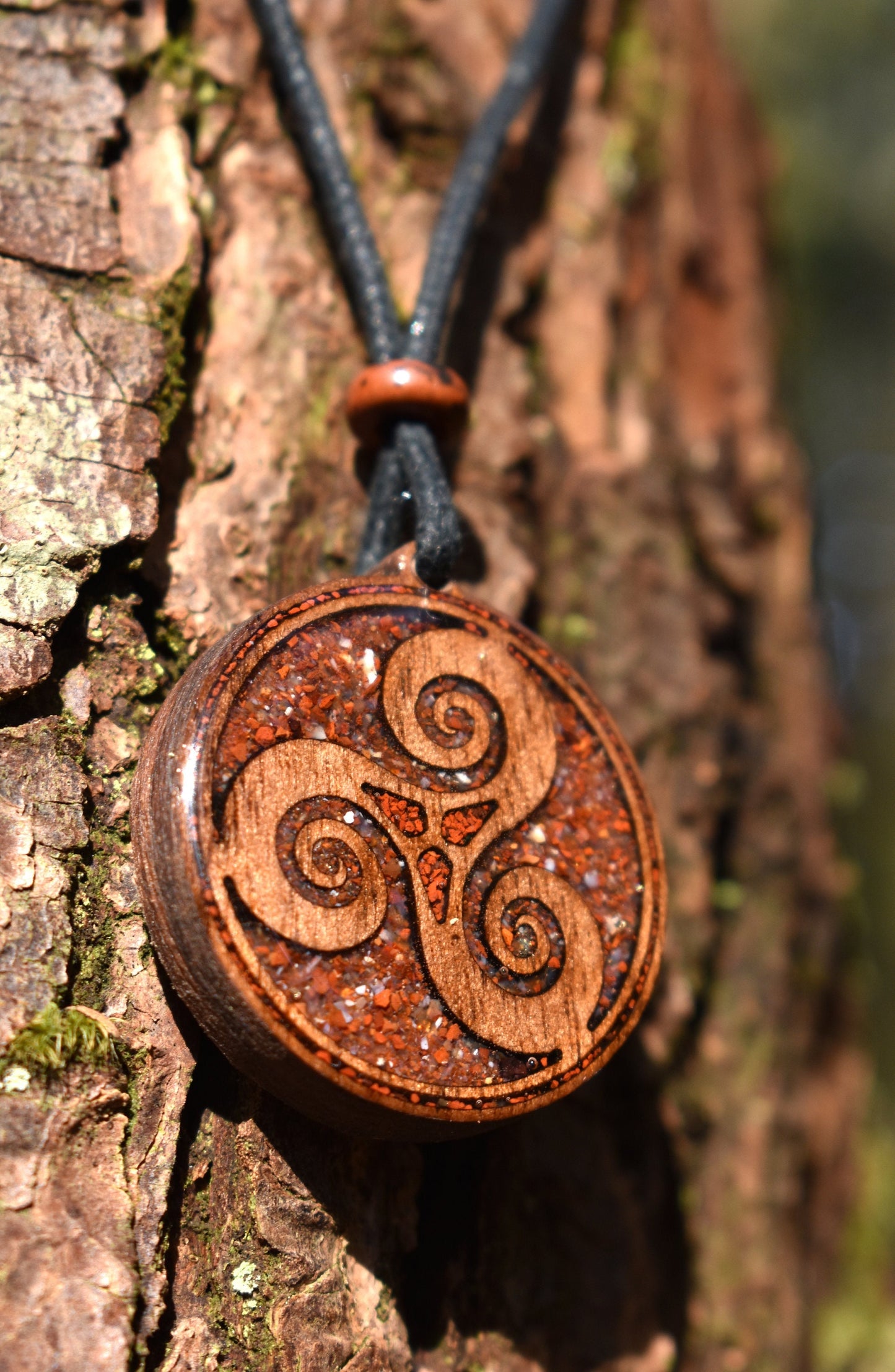 Carnelian & Red Jasper Triskelion Wood Pendant - Necklace