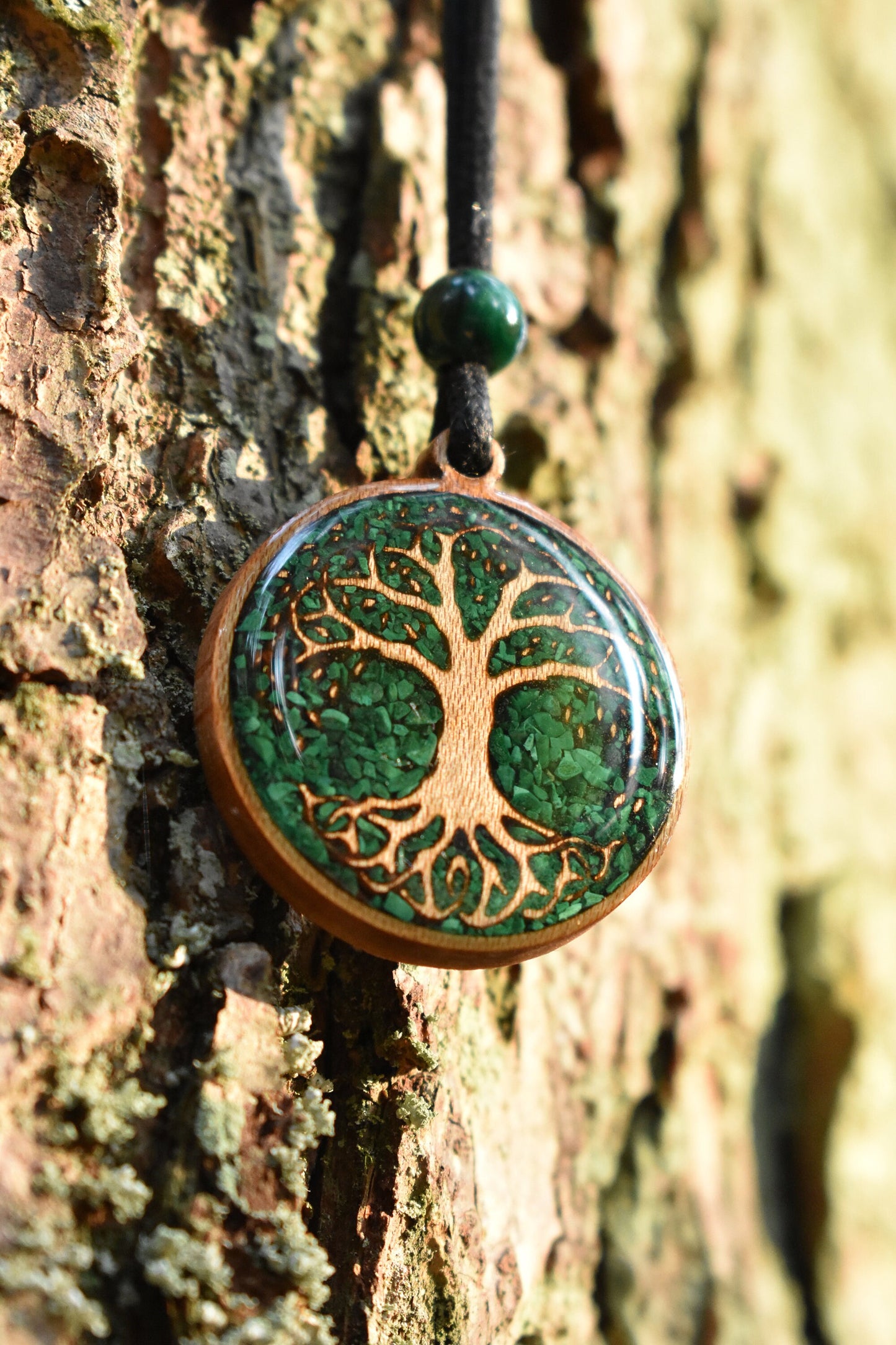 Malachite Tree of Life Wood Pendant - Necklace - Version 2 - Maple