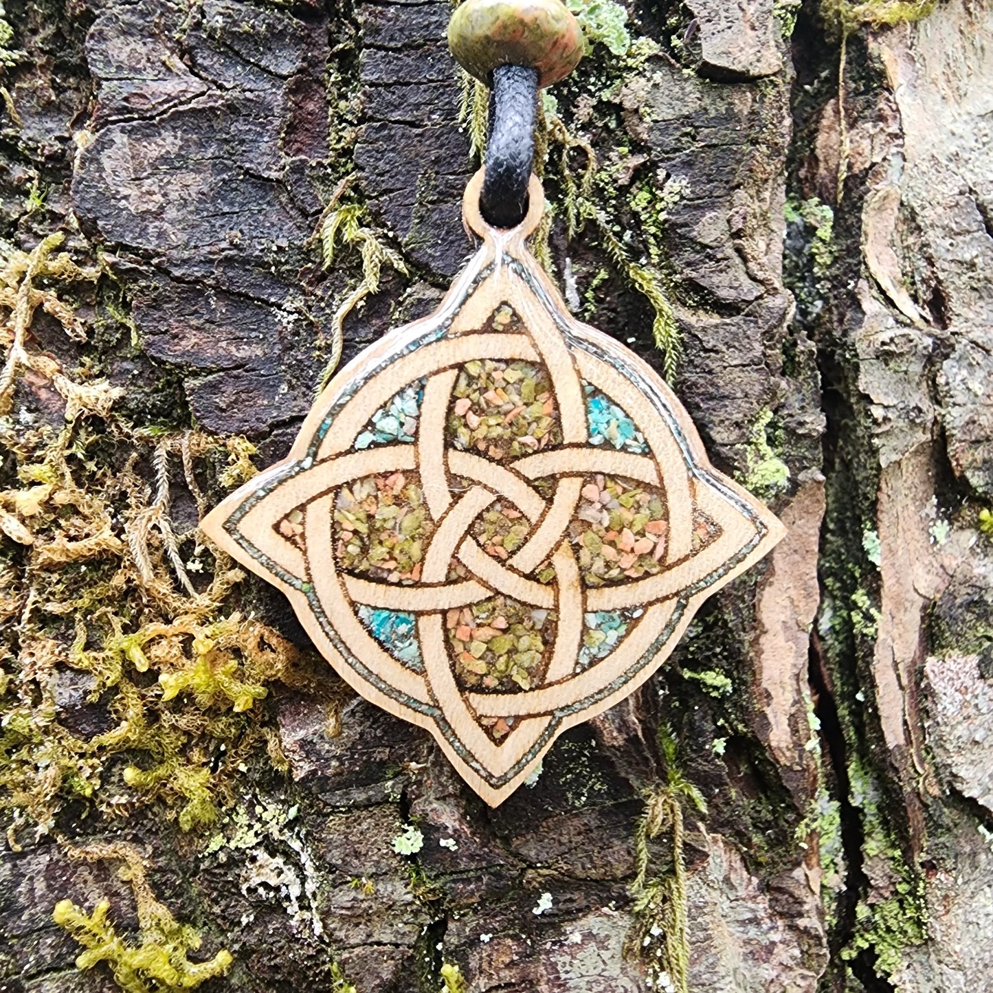 Witches Knot with Unakite - Chrysocolla - Wood Pendant - Necklace