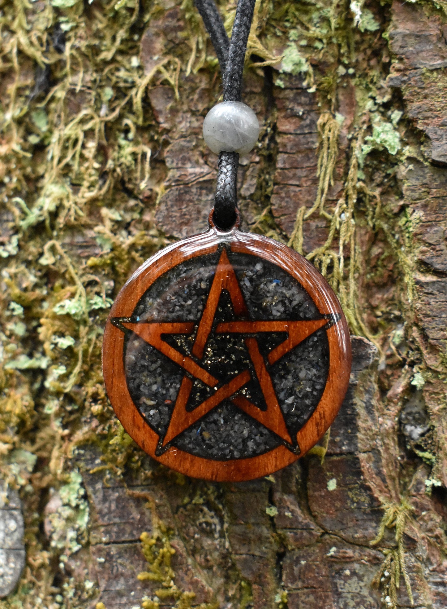 Black Tourmaline & Labradorite Pentagram Wood Pendant - Necklace