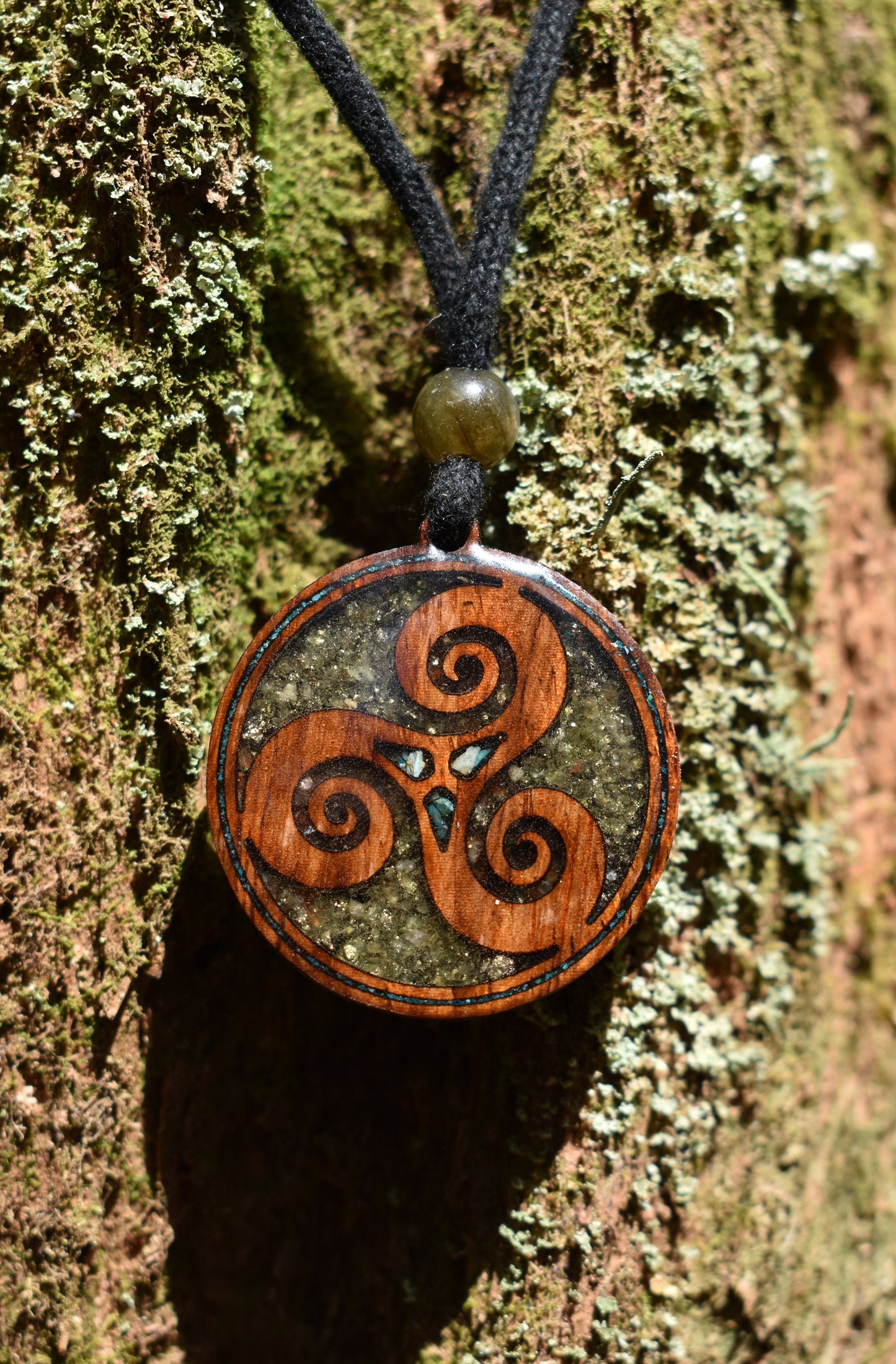 Peridot & Pyrite Triskelion Wood Pendant - Necklace