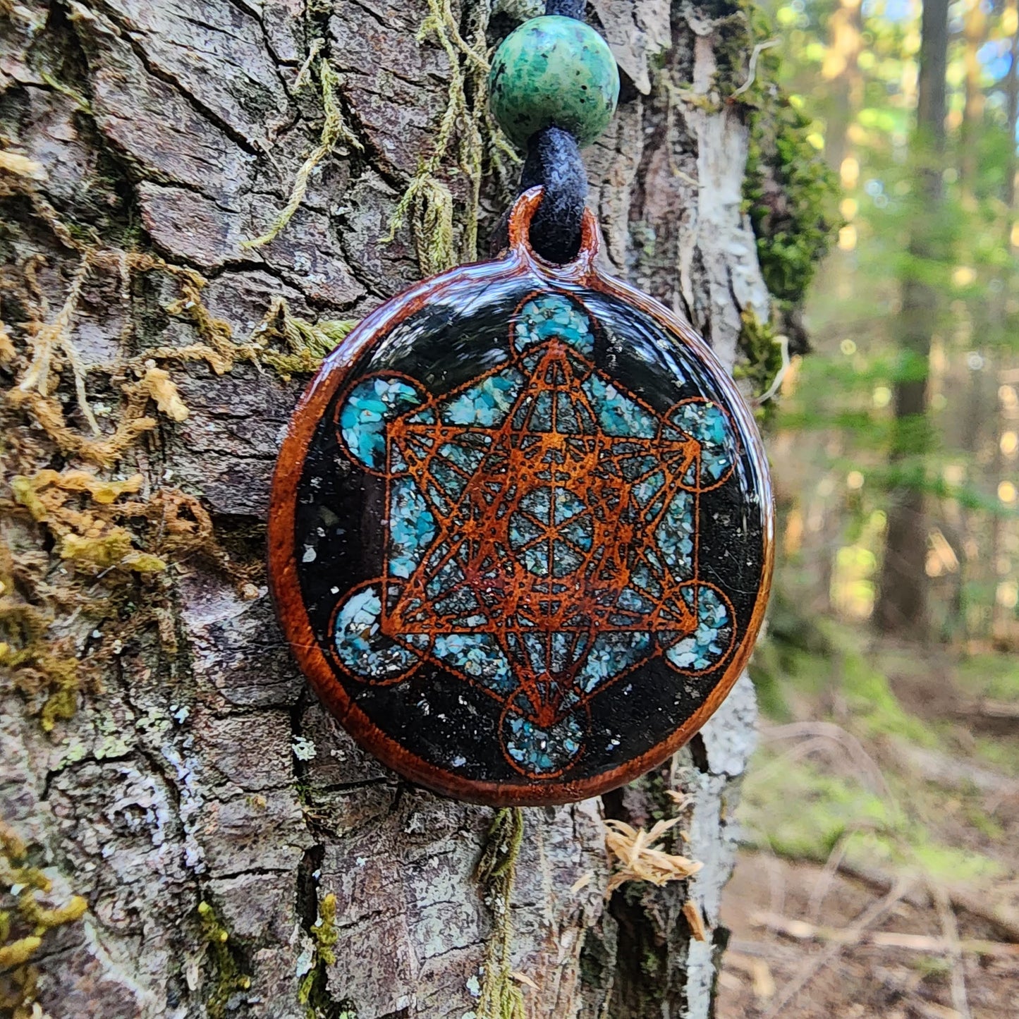 Metatron's Cube - Black Tourmaline - Chrysocolla - Pyrite - Wood Pendant - Necklace
