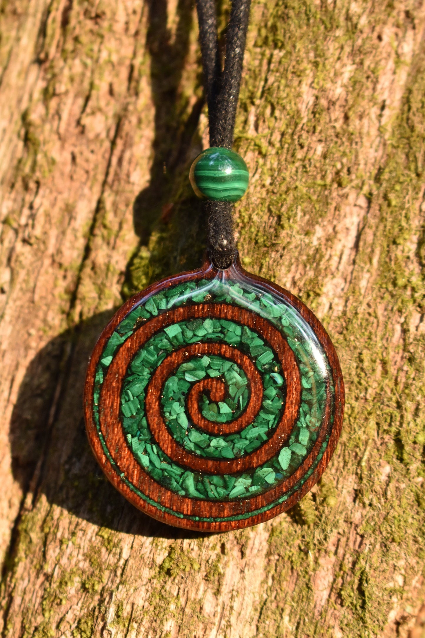 Malachite Celtic Spiral Wood Pendant - Necklace