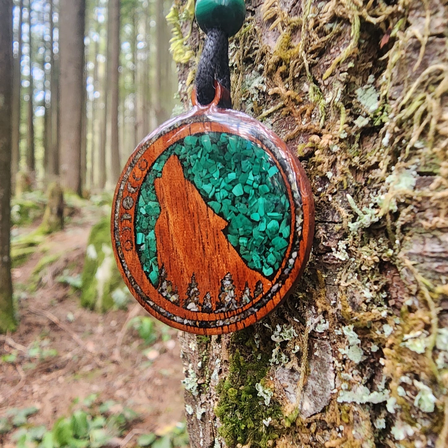 Malachite - Azurite - Wolf Totem - Wood Pendant - Necklace