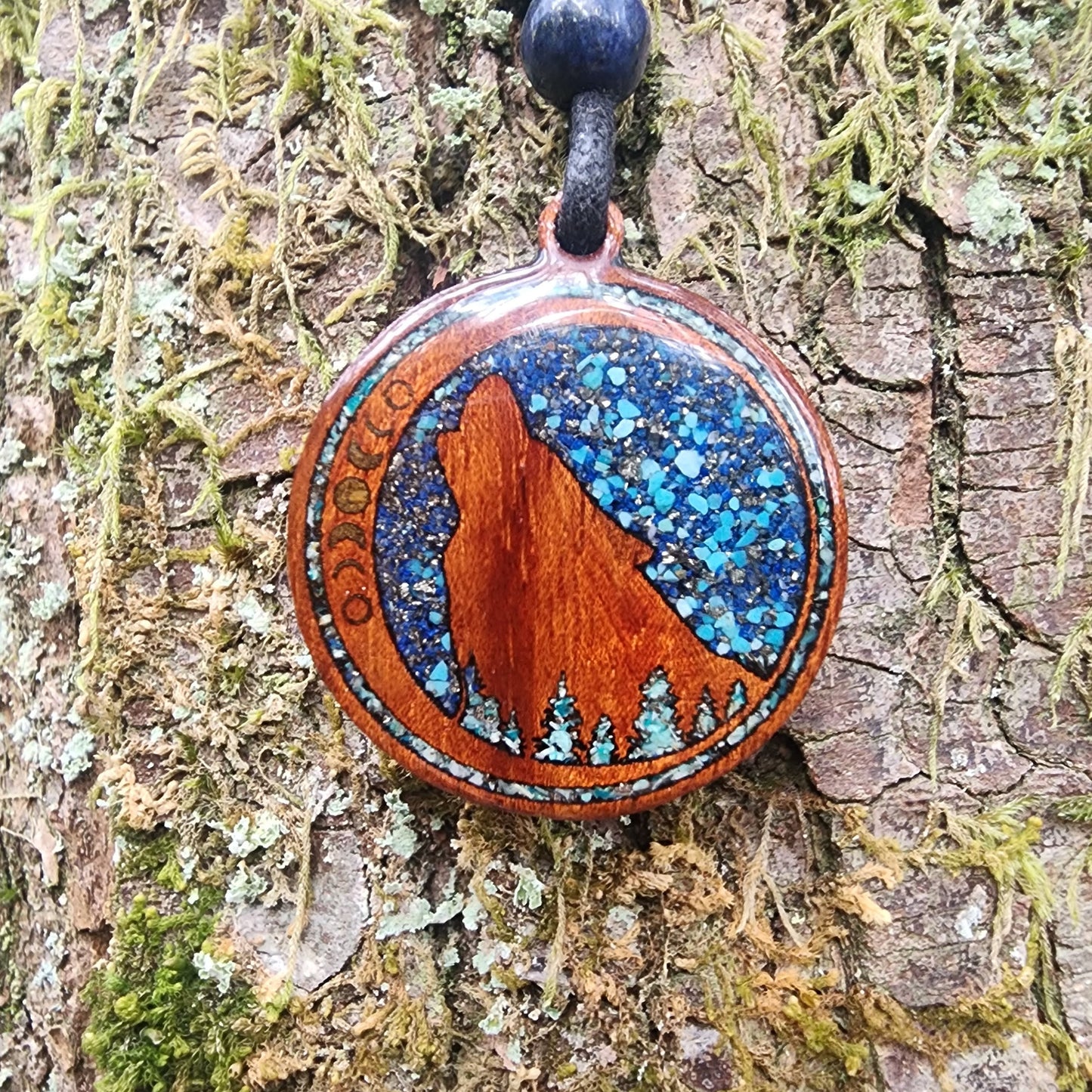 Chrysocolla - Turquoise - Lapis Lazuli - Wolf Totem - Wood Pendant - Necklace