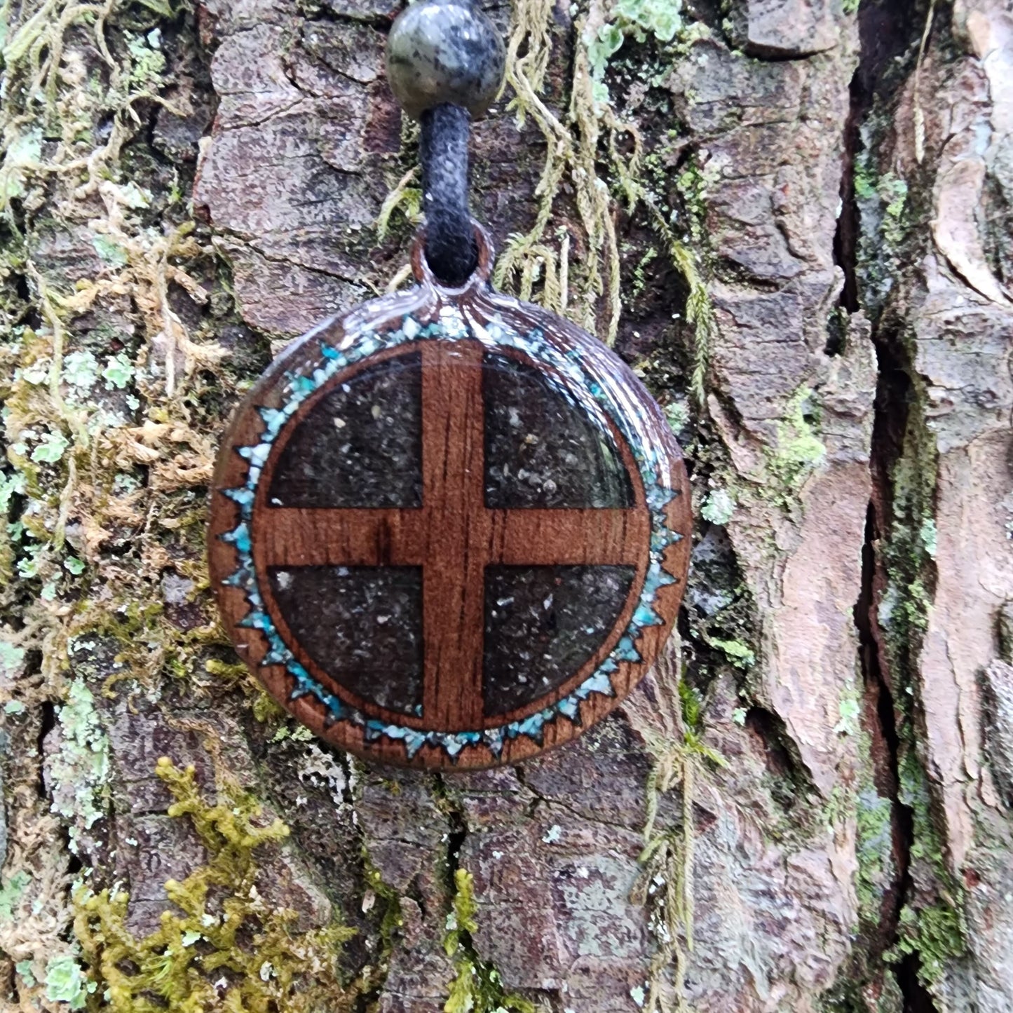 Solar Cross with Peridot - Chrysocolla - Wood Pendant - Necklace