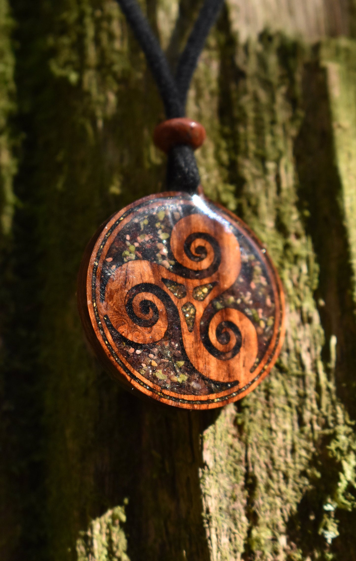 Garnet & Unakite Triskelion Wood Pendant - Necklace