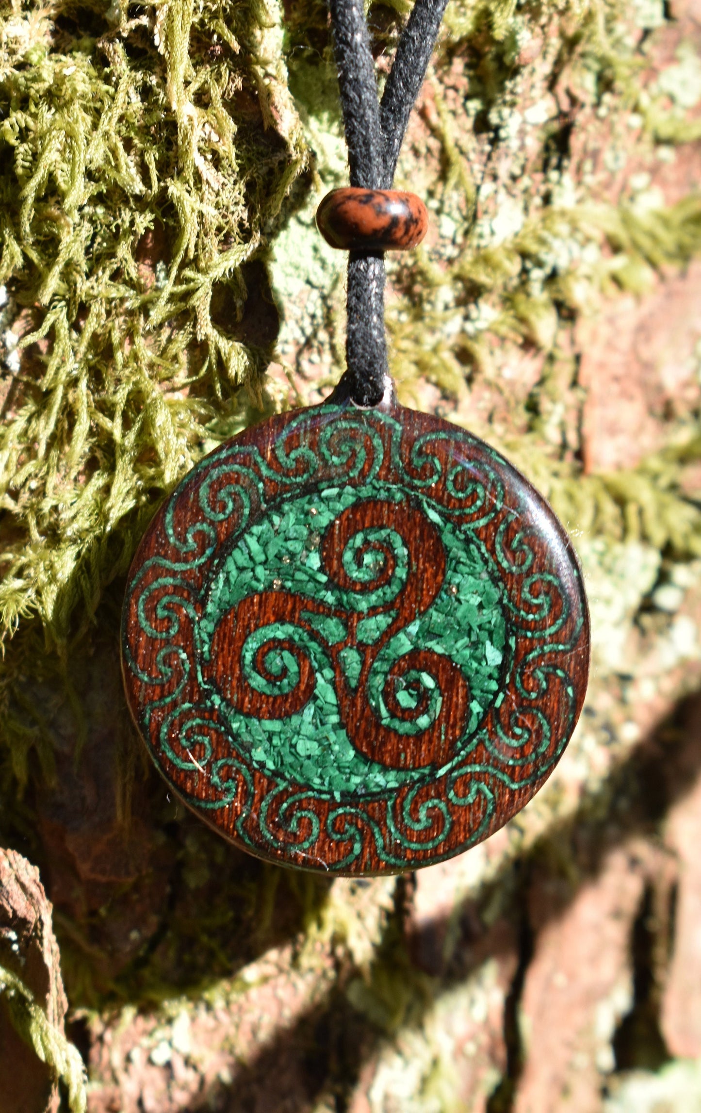 Malachite Triskelion Wood Pendant - Necklace