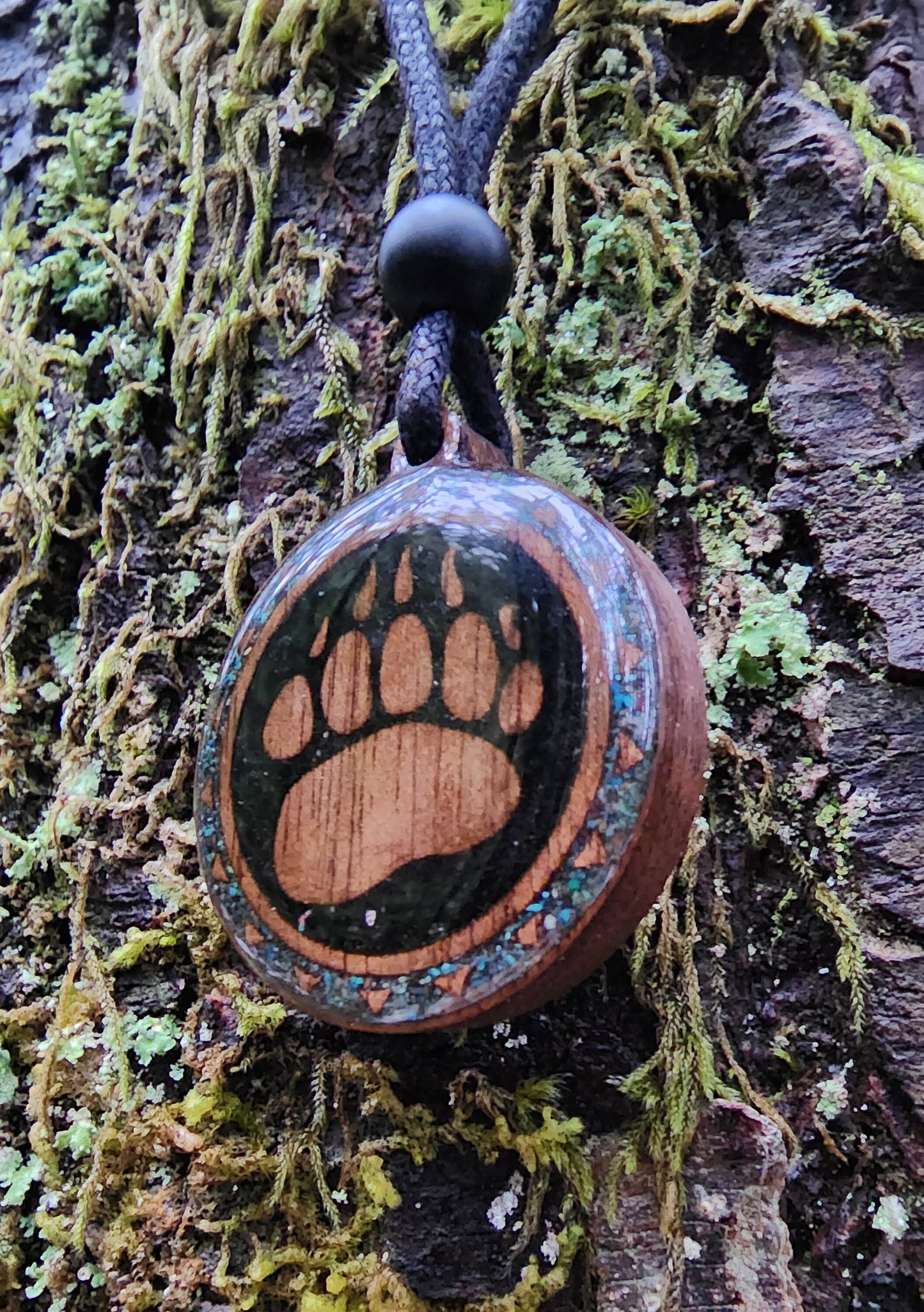 Black Tourmaline - Phoenix Turquoise - Bear Totem - Paw - Wood Pendant - Necklace