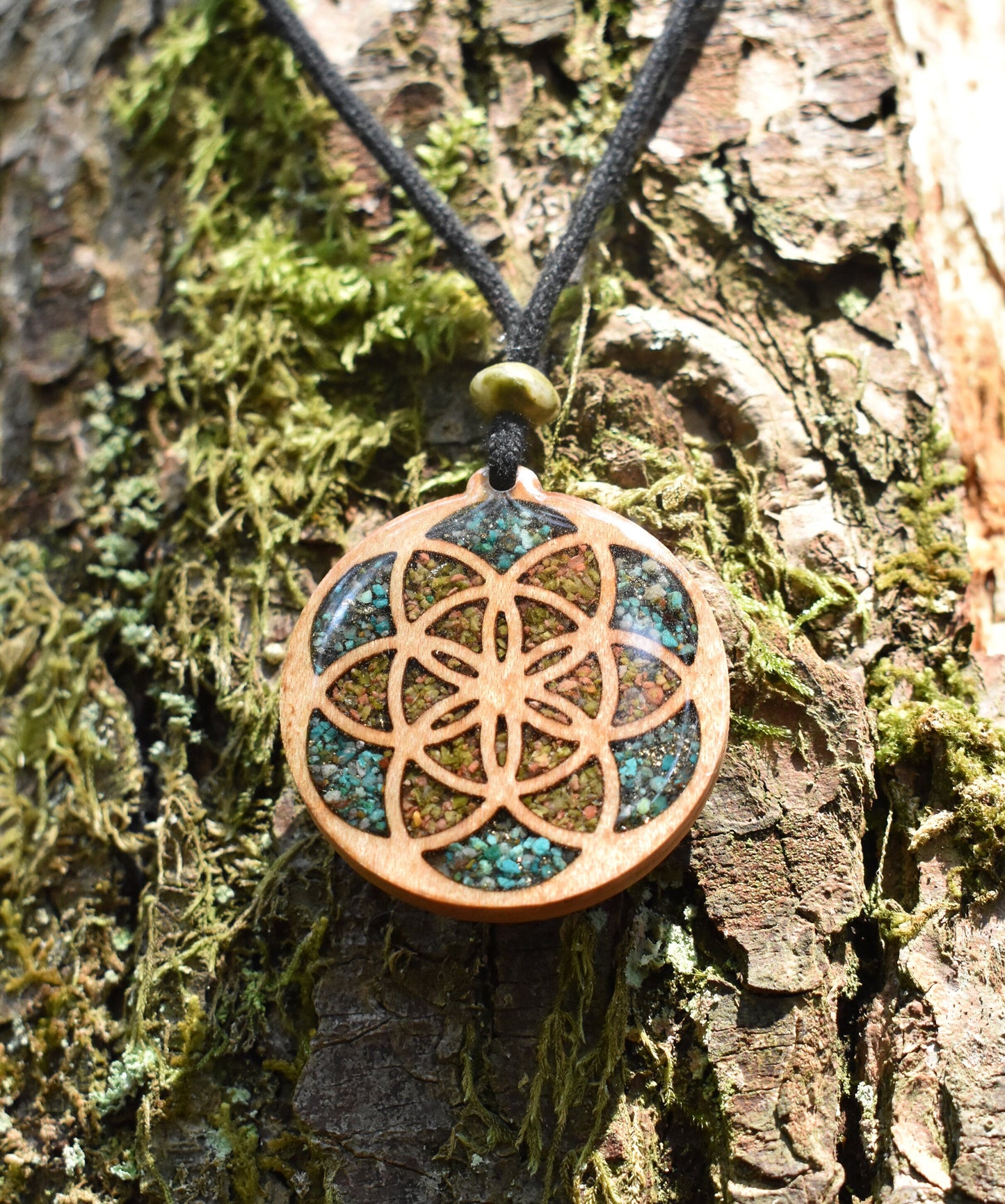 Seed of Life Pendant - Necklace with Chrysocolla & Unakite