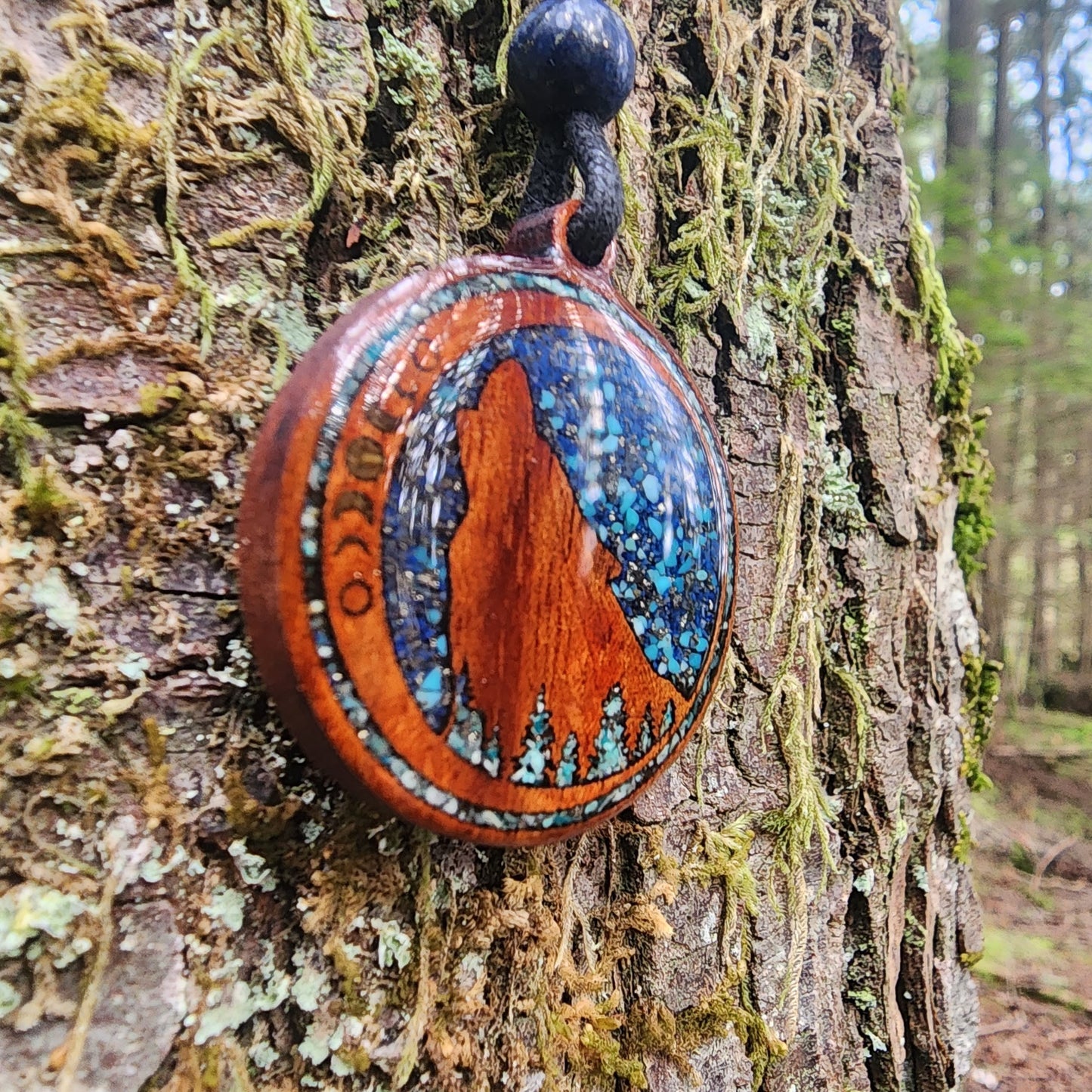 Chrysocolla - Turquoise - Lapis Lazuli - Wolf Totem - Wood Pendant - Necklace