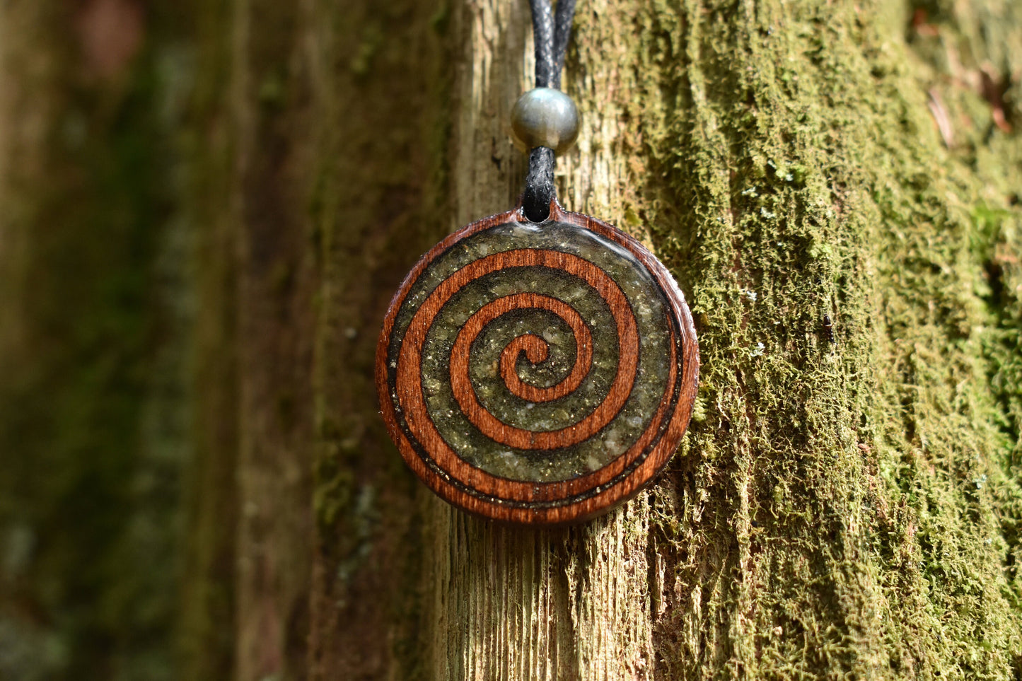 Peridot -Pyrite Celtic Spiral Wood Pendant - Necklace