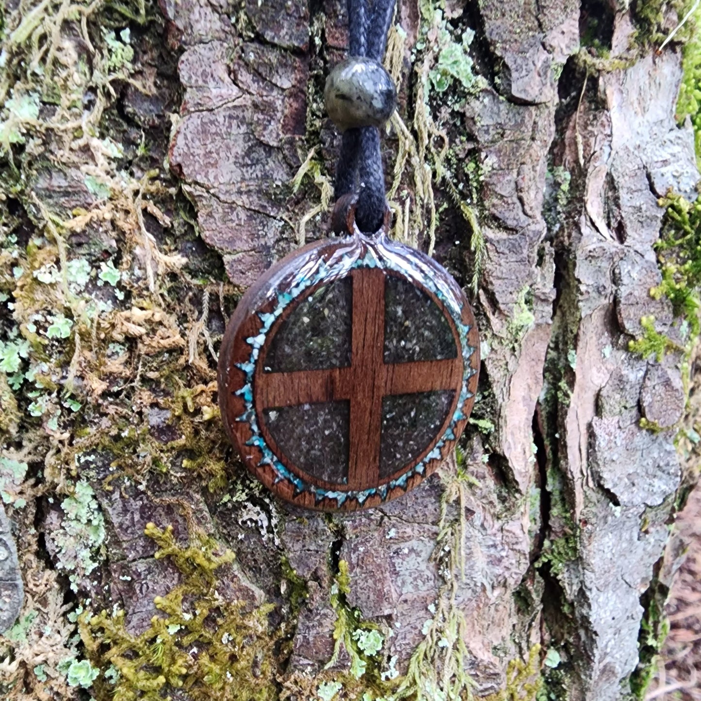 Solar Cross with Peridot - Chrysocolla - Wood Pendant - Necklace