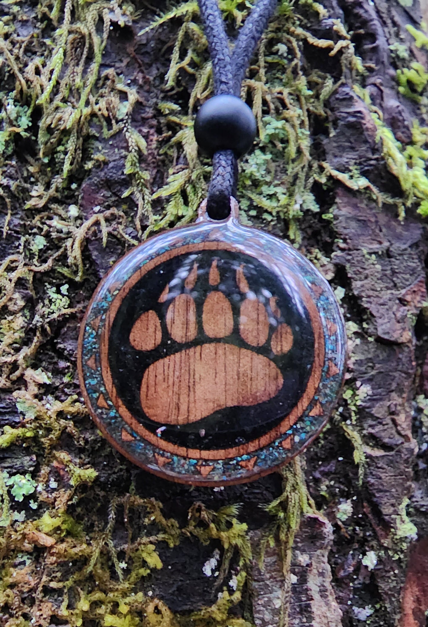 Black Tourmaline - Phoenix Turquoise - Bear Totem - Paw - Wood Pendant - Necklace