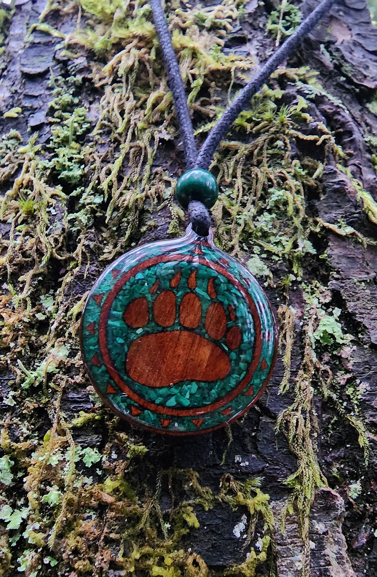 Malachite - Bear Totem - Paw - Wood Pendant - Necklace