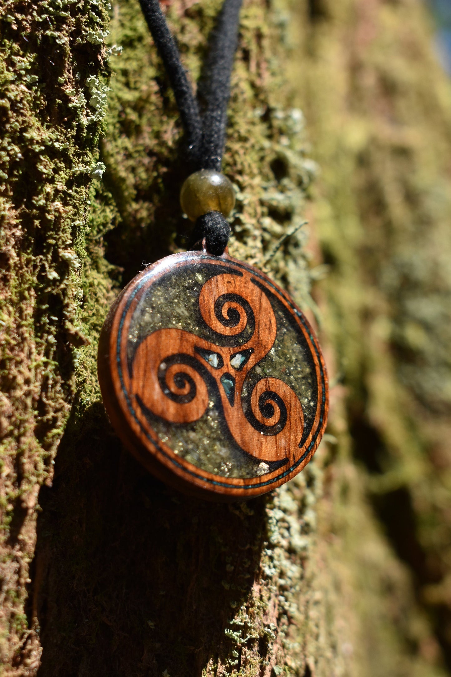 Peridot & Pyrite Triskelion Wood Pendant - Necklace