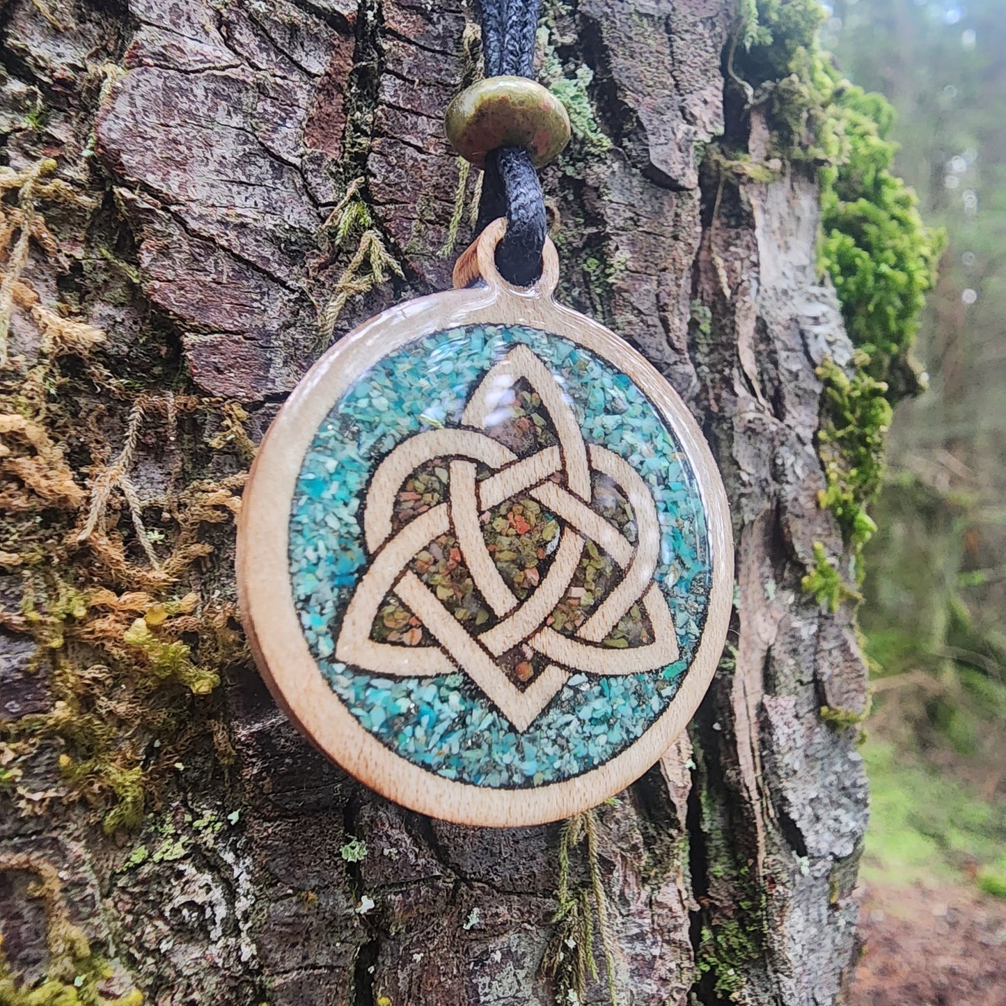 Anam Cara Knot - Unakite - Chrysocolla - Pyrite - Wood Pendant - Necklace
