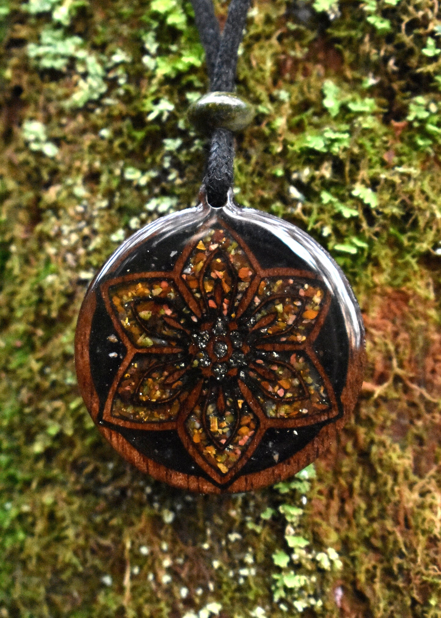 Flower Wood Pendant - Necklace with Tigers Eye - Black Tourmaline