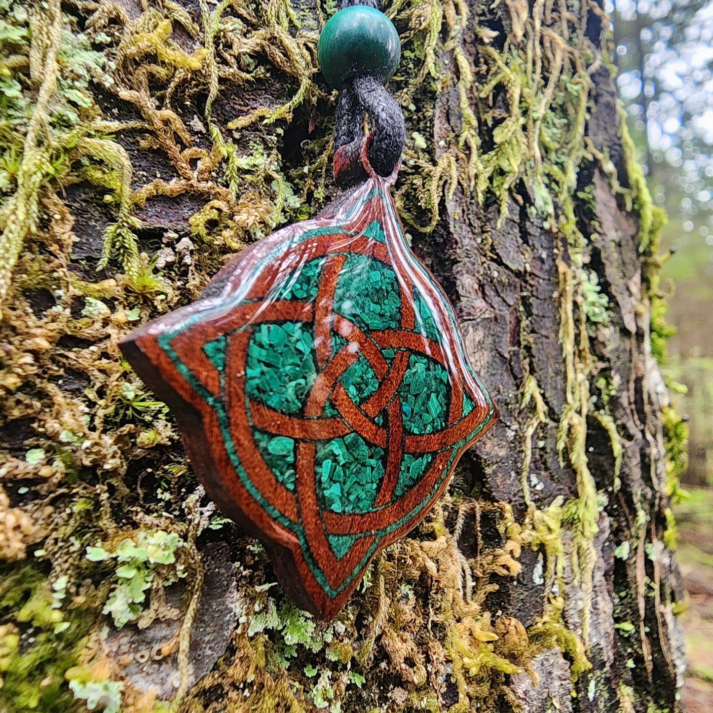 Witches Knot with Malachite - Wood Pendant - Necklace