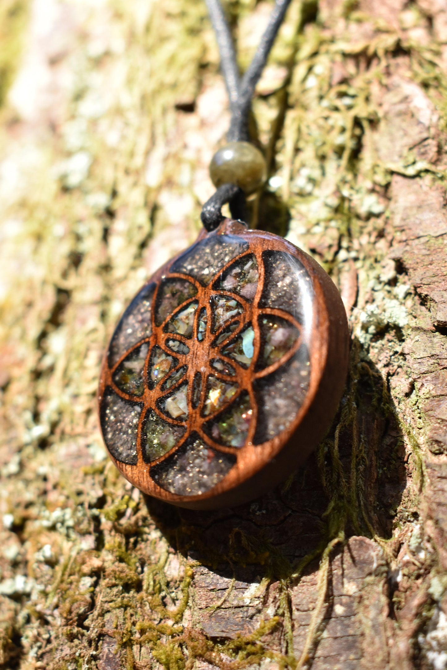 Seed of Life Pendant - Necklace with Abalone - Rainbow Tourmaline - Amethyst  Wood Pendant