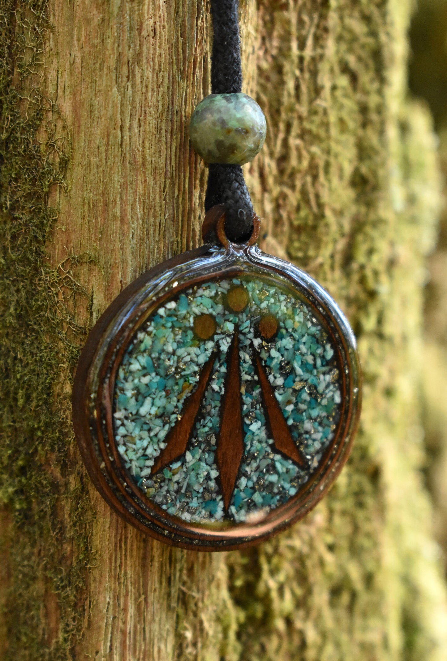 Chrysocolla & Pyrite - Awen Symbol - Wood Pendant - Necklace