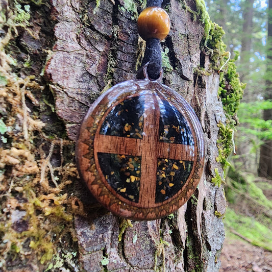 Solar Cross with Black Tourmaline - Tigers Eye  - Wood Pendant - Necklace