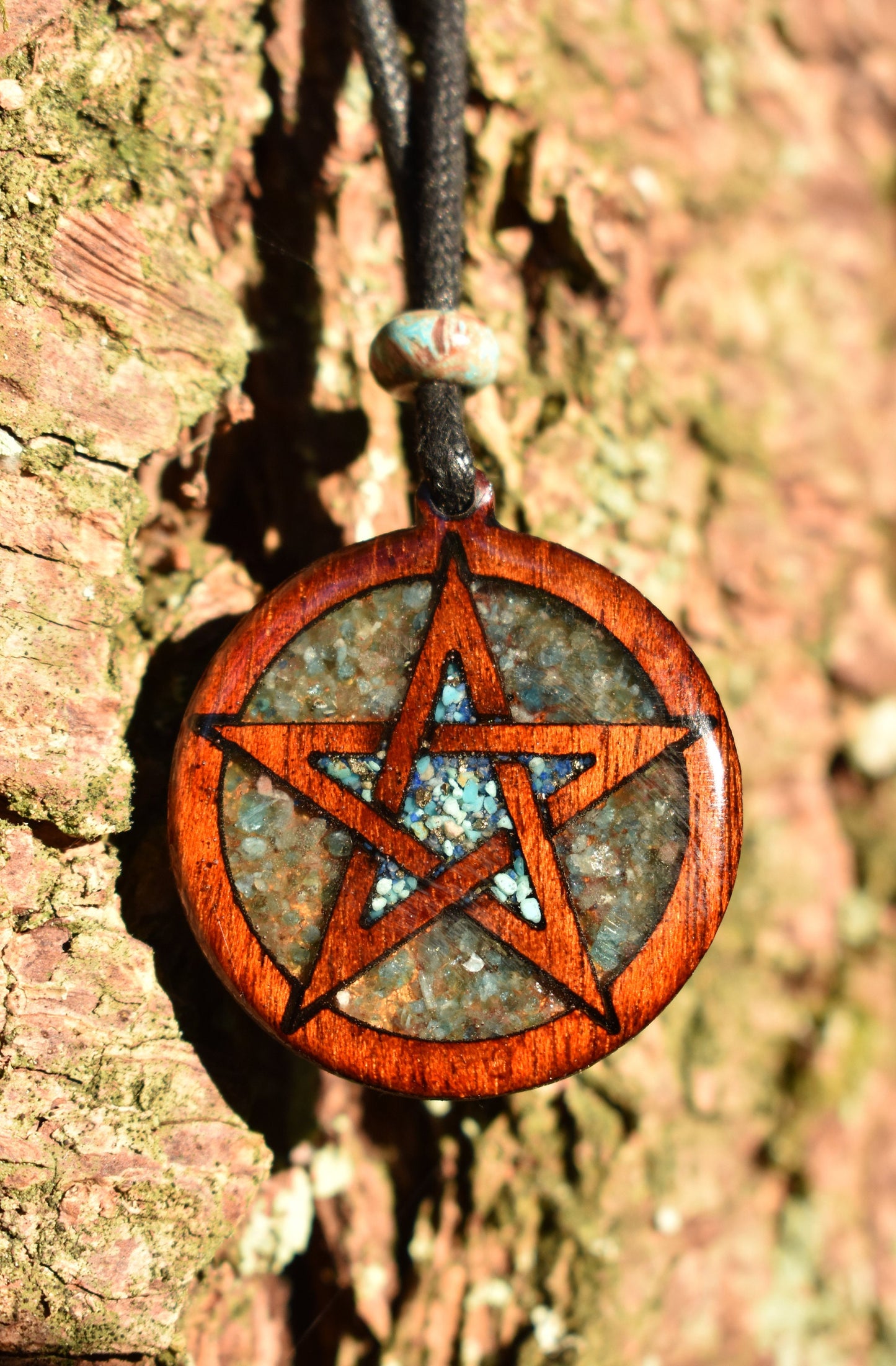 Turquoise & Blue Apatite Pentagram Wood Pendant - Necklace
