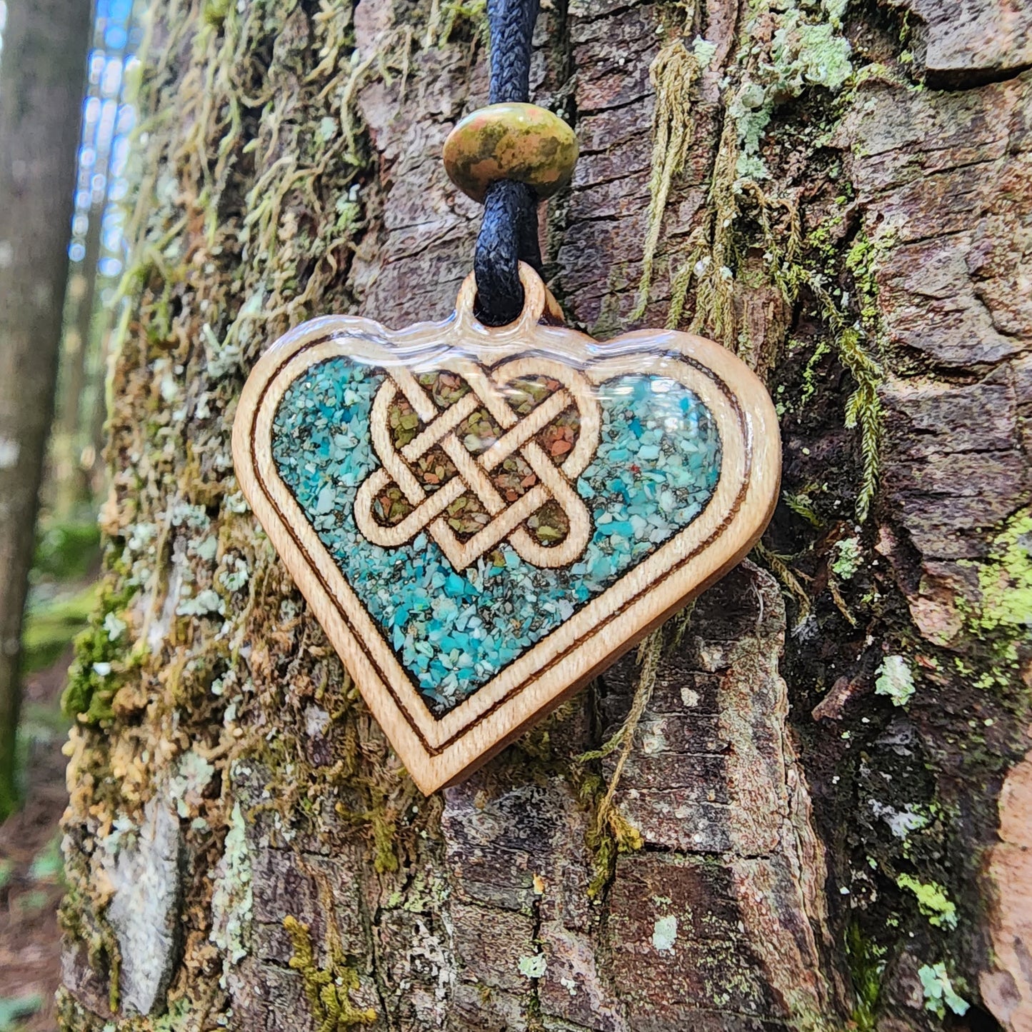 Love Knot - Unakite - Chrysocolla - Pyrite - Wood Pendant - Necklace