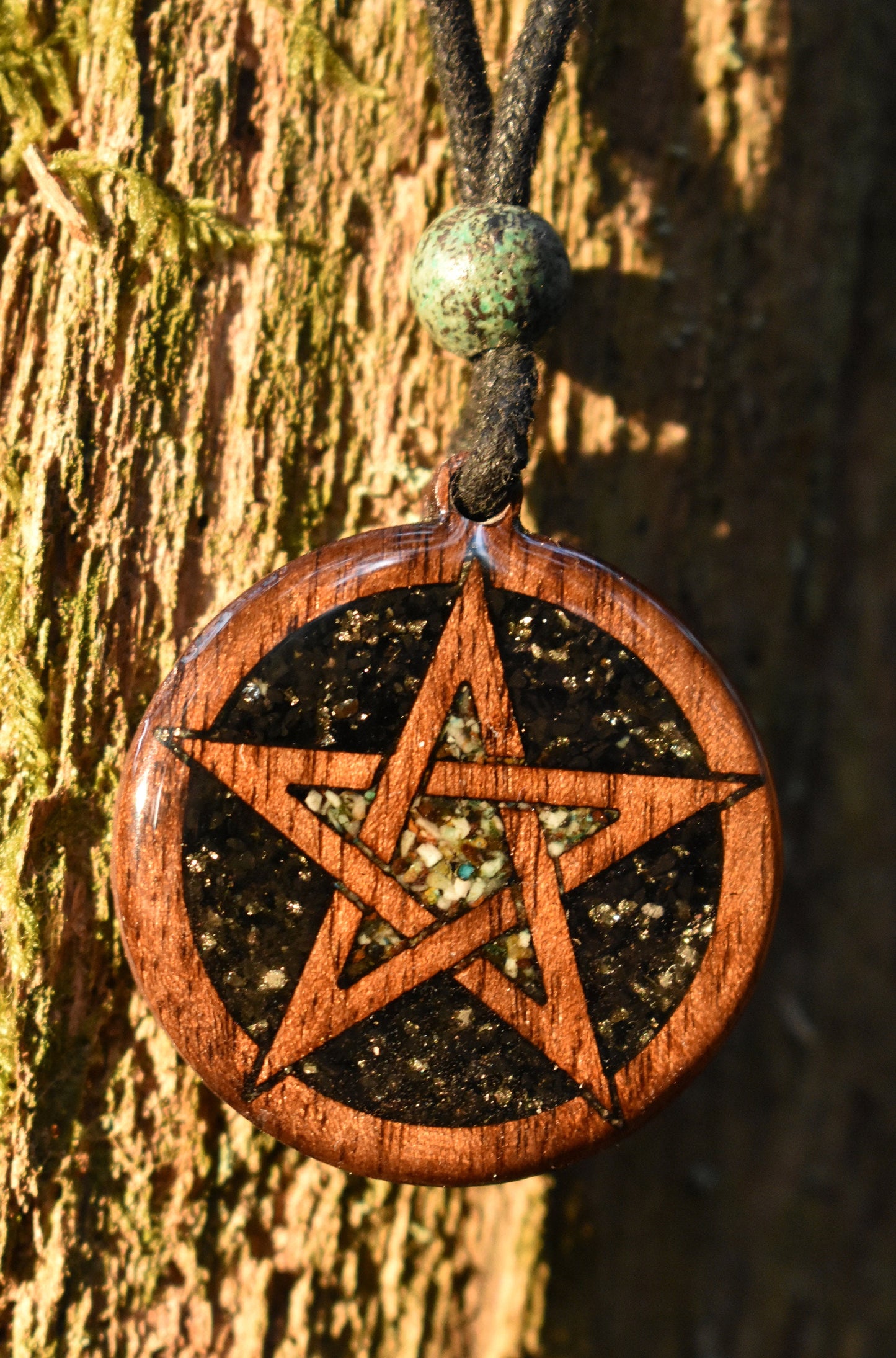 Azurite & Black Tourmaline - Pentagram Wood Pendant - Necklace