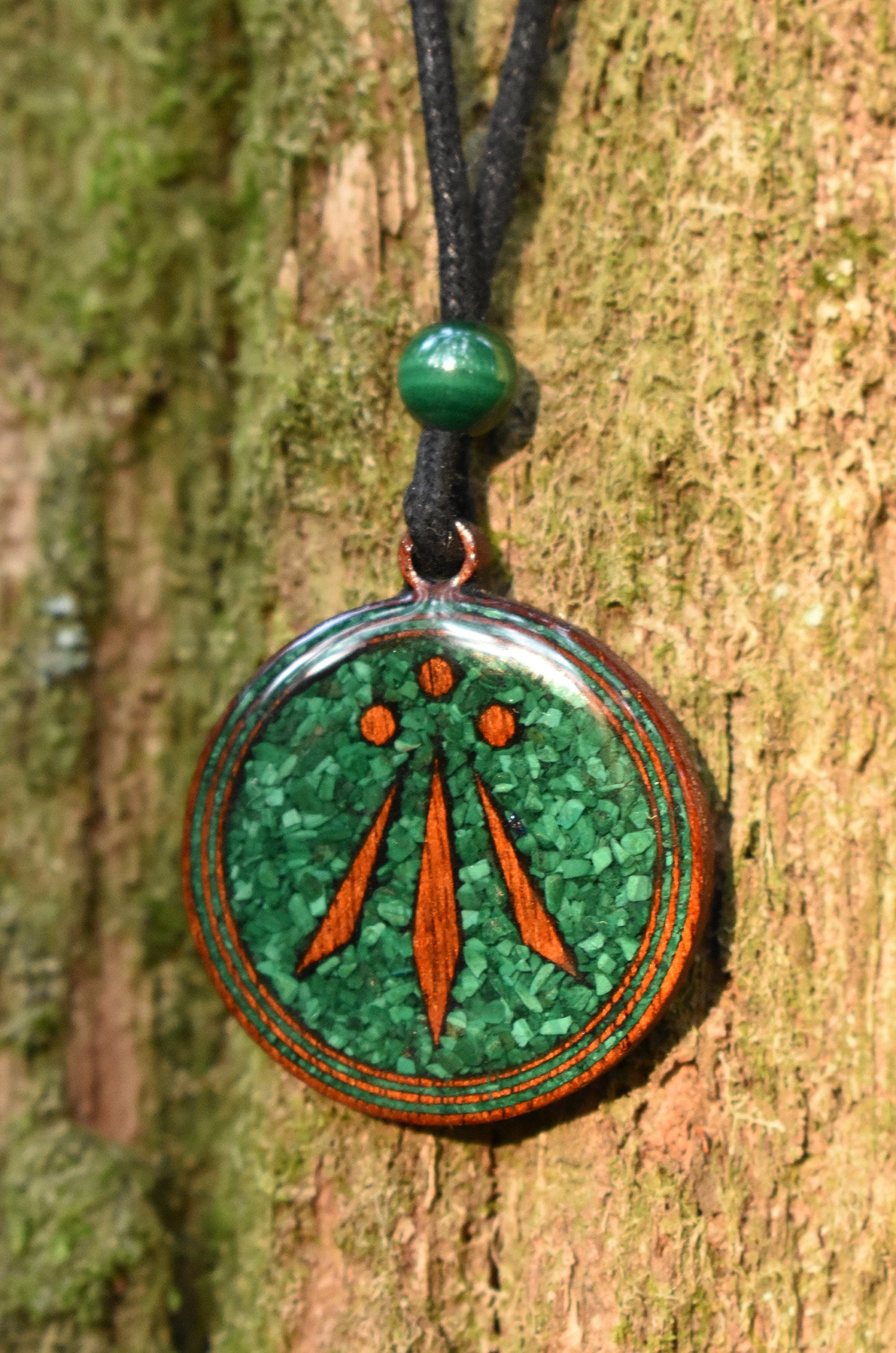Malachite - Awen Symbol - Wood Pendant - Necklace