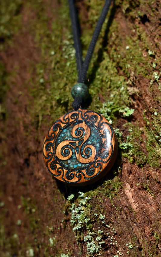 Chrysocolla Triskelion Wood Pendant - Necklace