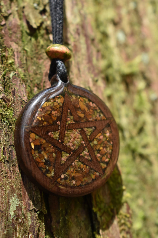 Unakite & Tigers Eye Pentagram Wood Pendant - Necklace